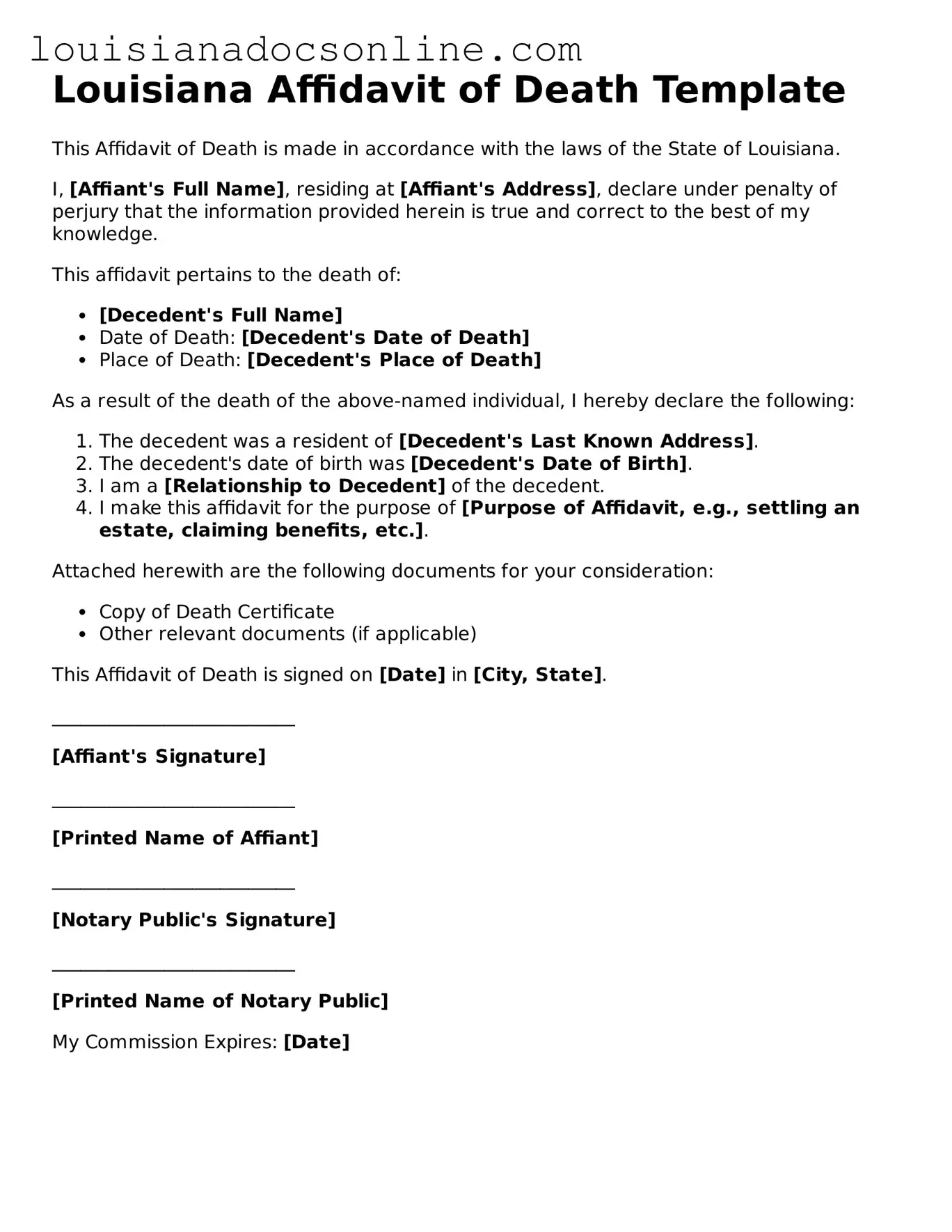 Printable  Affidavit of Death Form for Louisiana