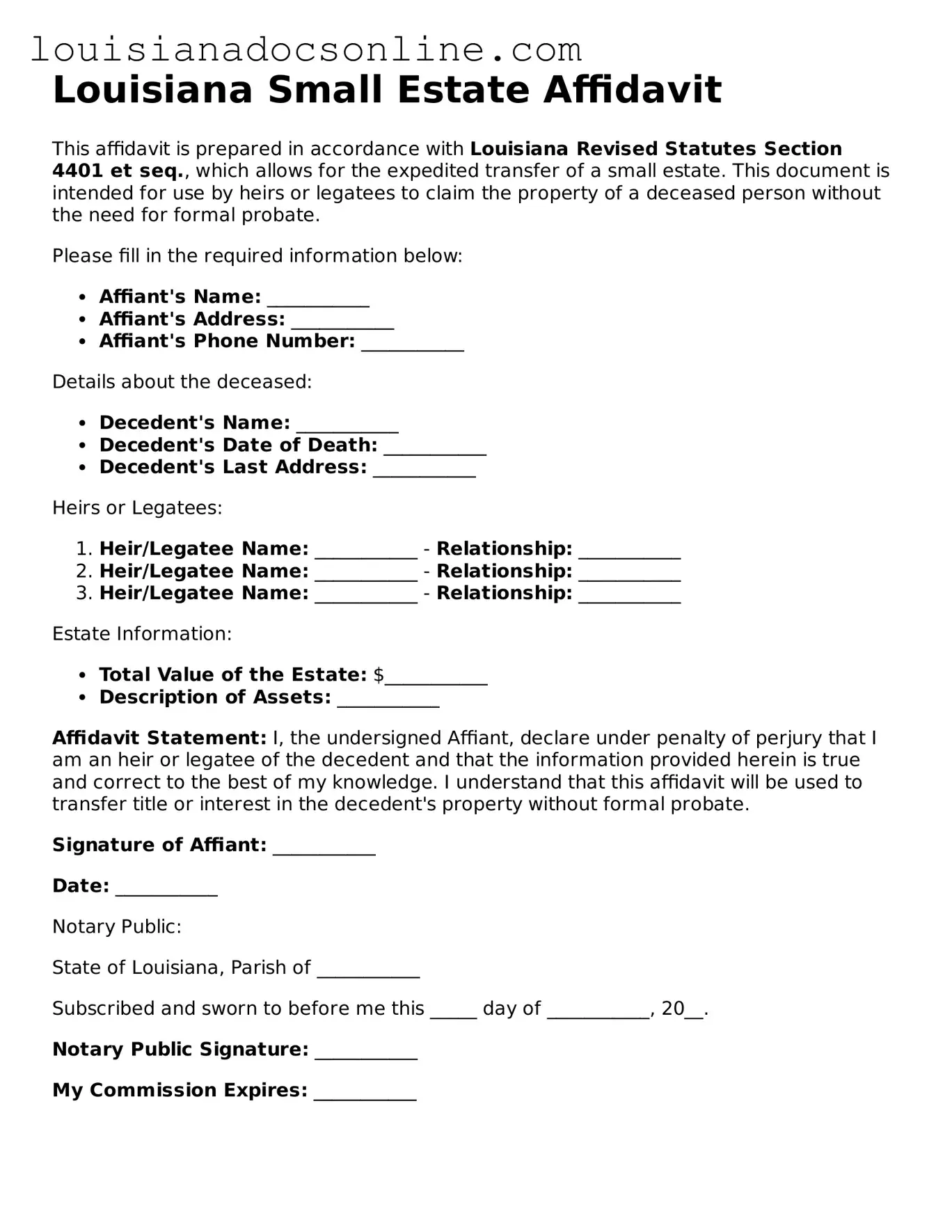 Printable  Small Estate Affidavit Form for Louisiana
