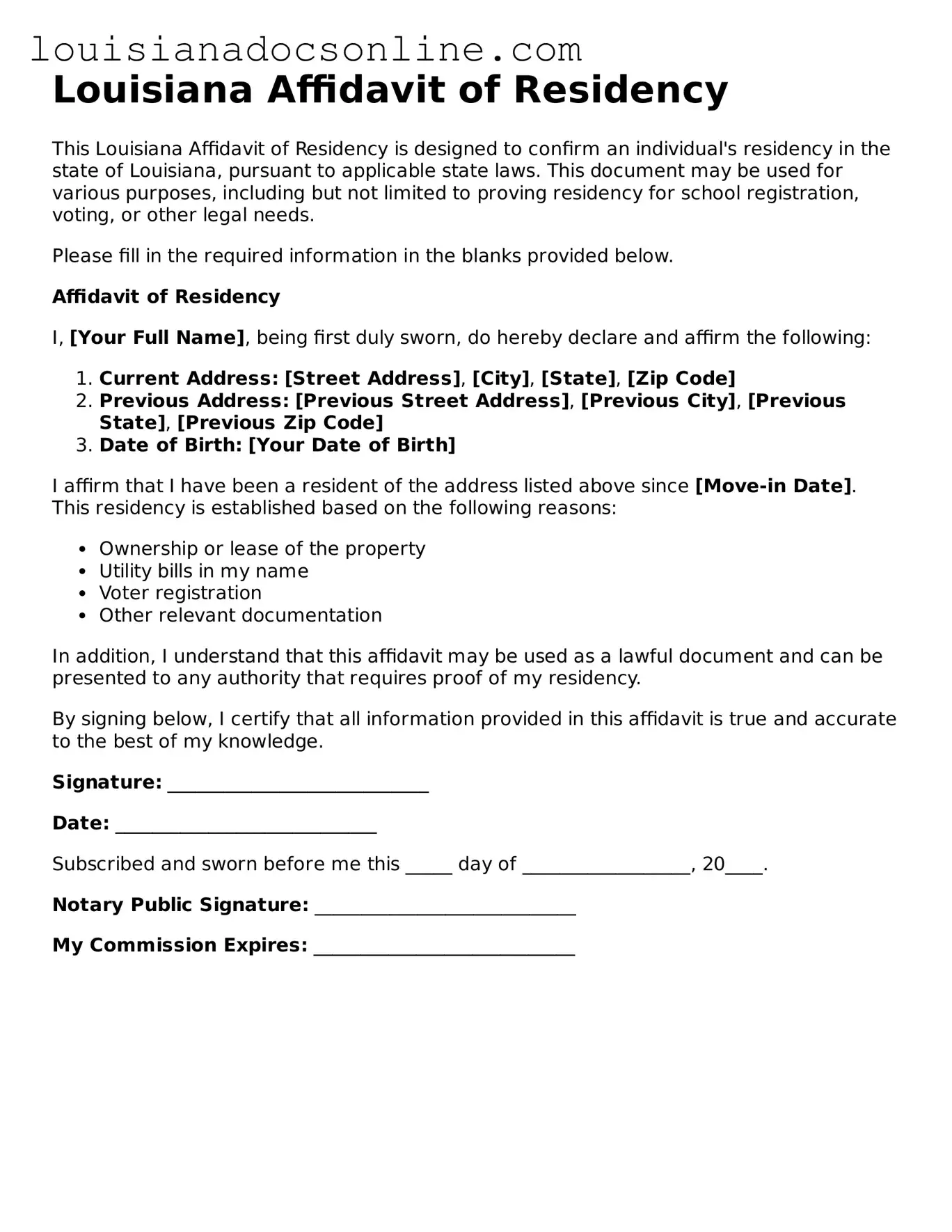 Printable  Affidavit of Residency Form for Louisiana