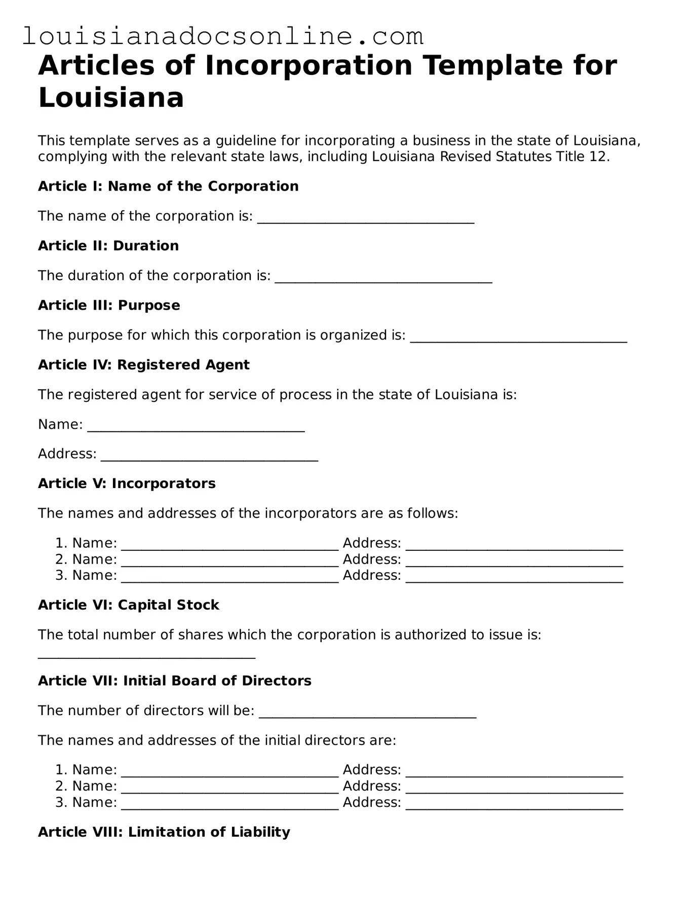 Printable  Articles of Incorporation Form for Louisiana