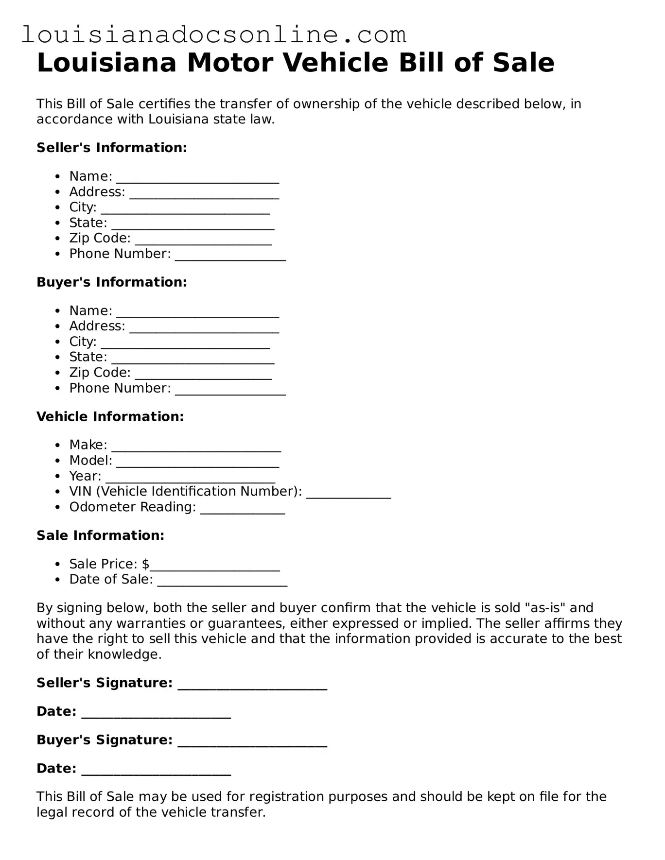Printable  Motor Vehicle Bill of Sale Form for Louisiana