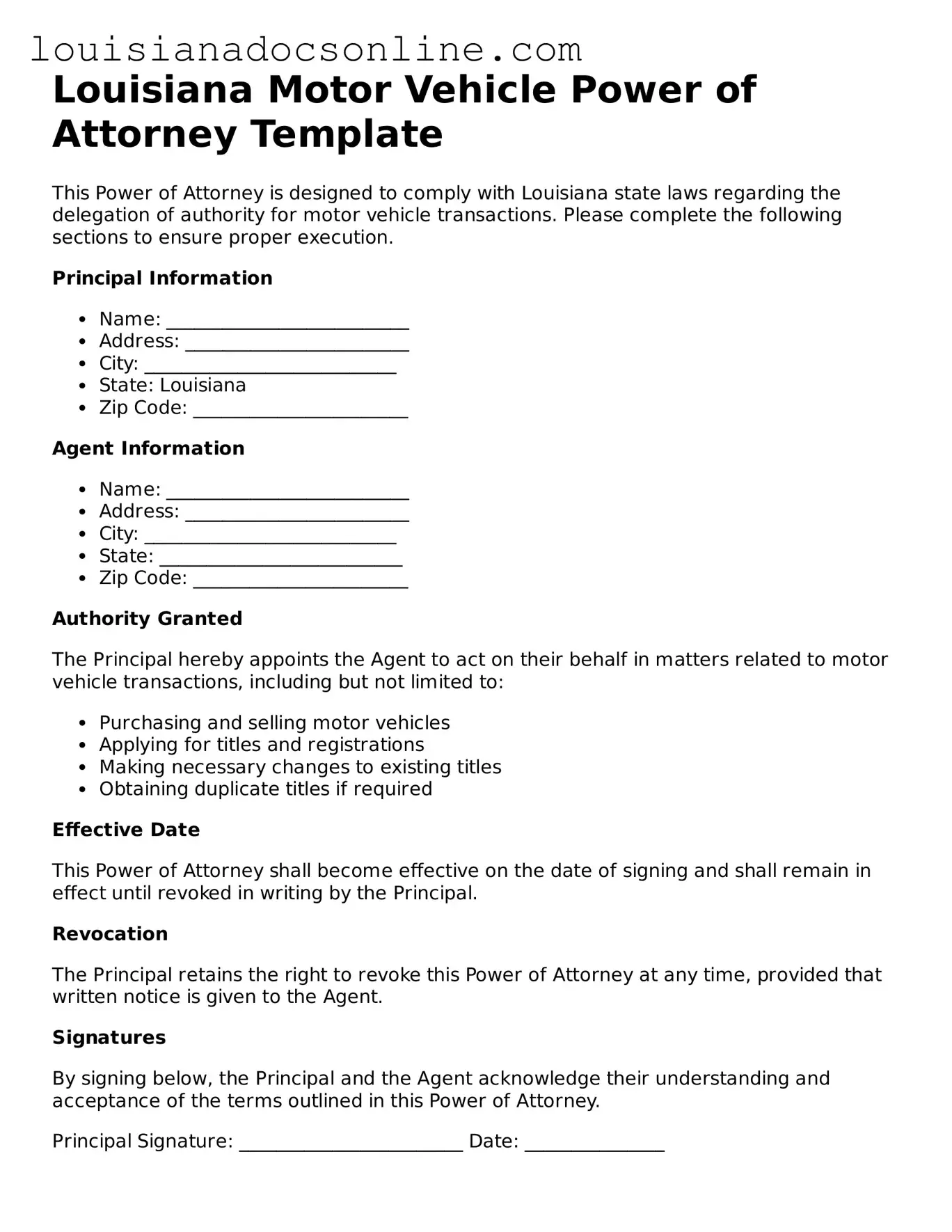 Printable  Motor Vehicle Power of Attorney Form for Louisiana