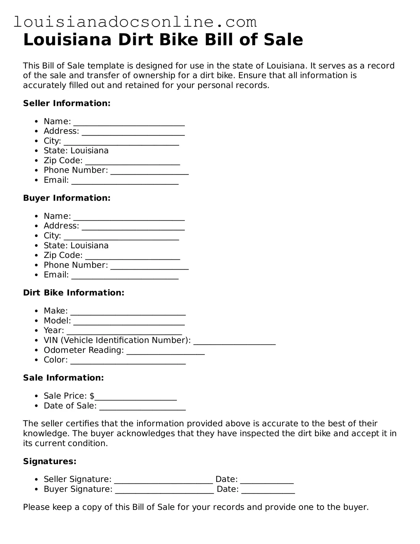 Printable  Dirt Bike Bill of Sale Form for Louisiana