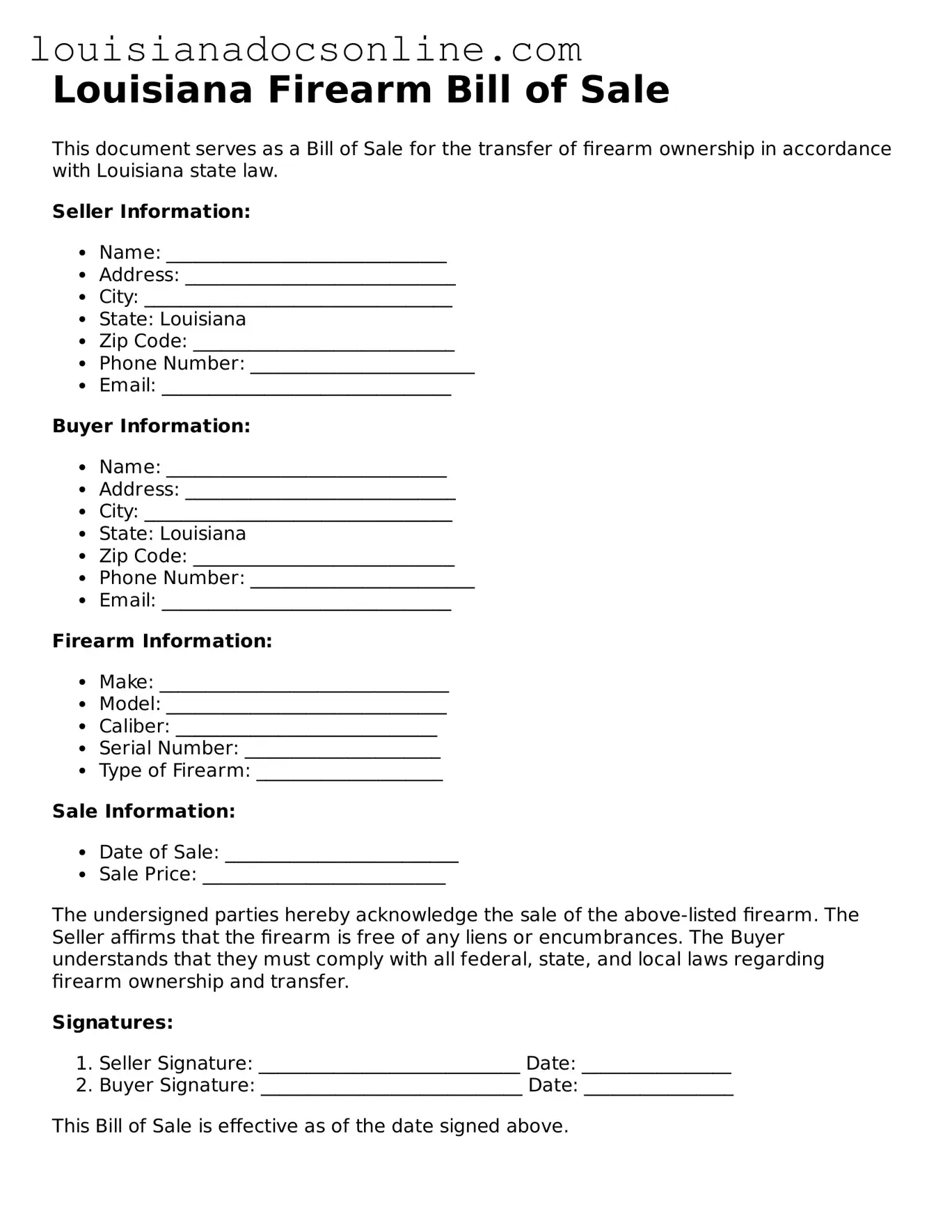 Printable  Firearm Bill of Sale Form for Louisiana