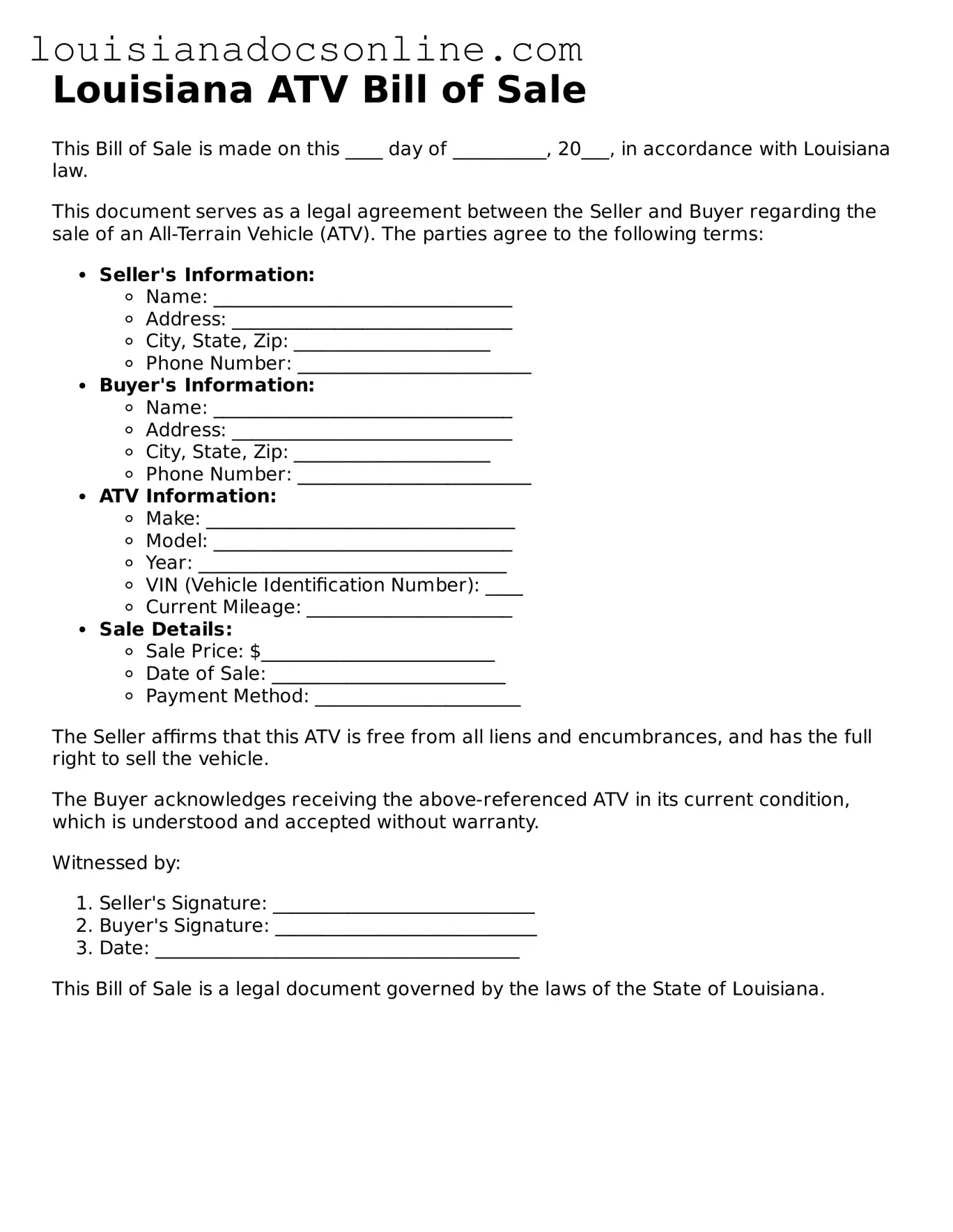 Printable  ATV Bill of Sale Form for Louisiana