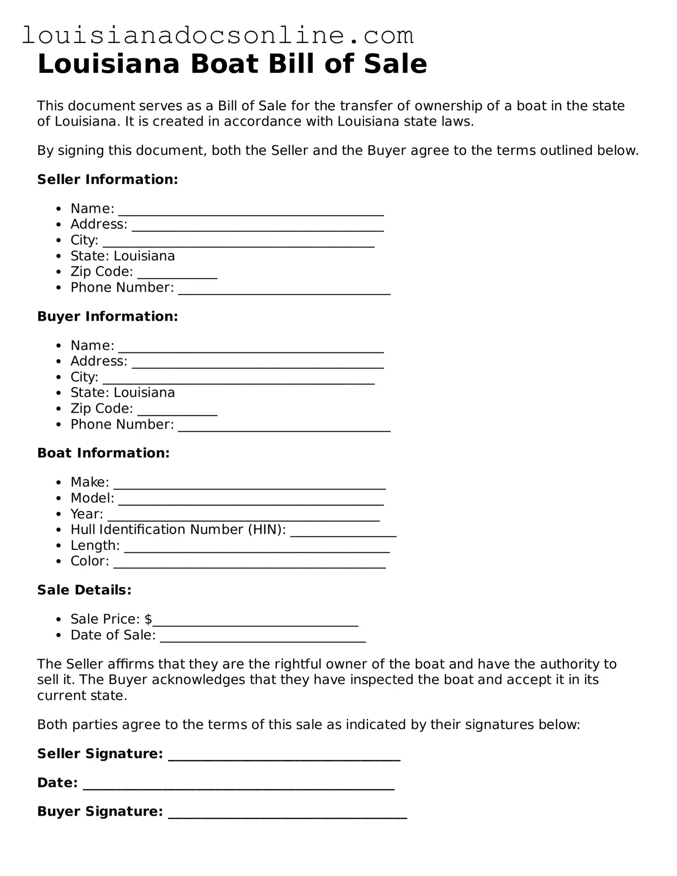 Printable  Boat Bill of Sale Form for Louisiana