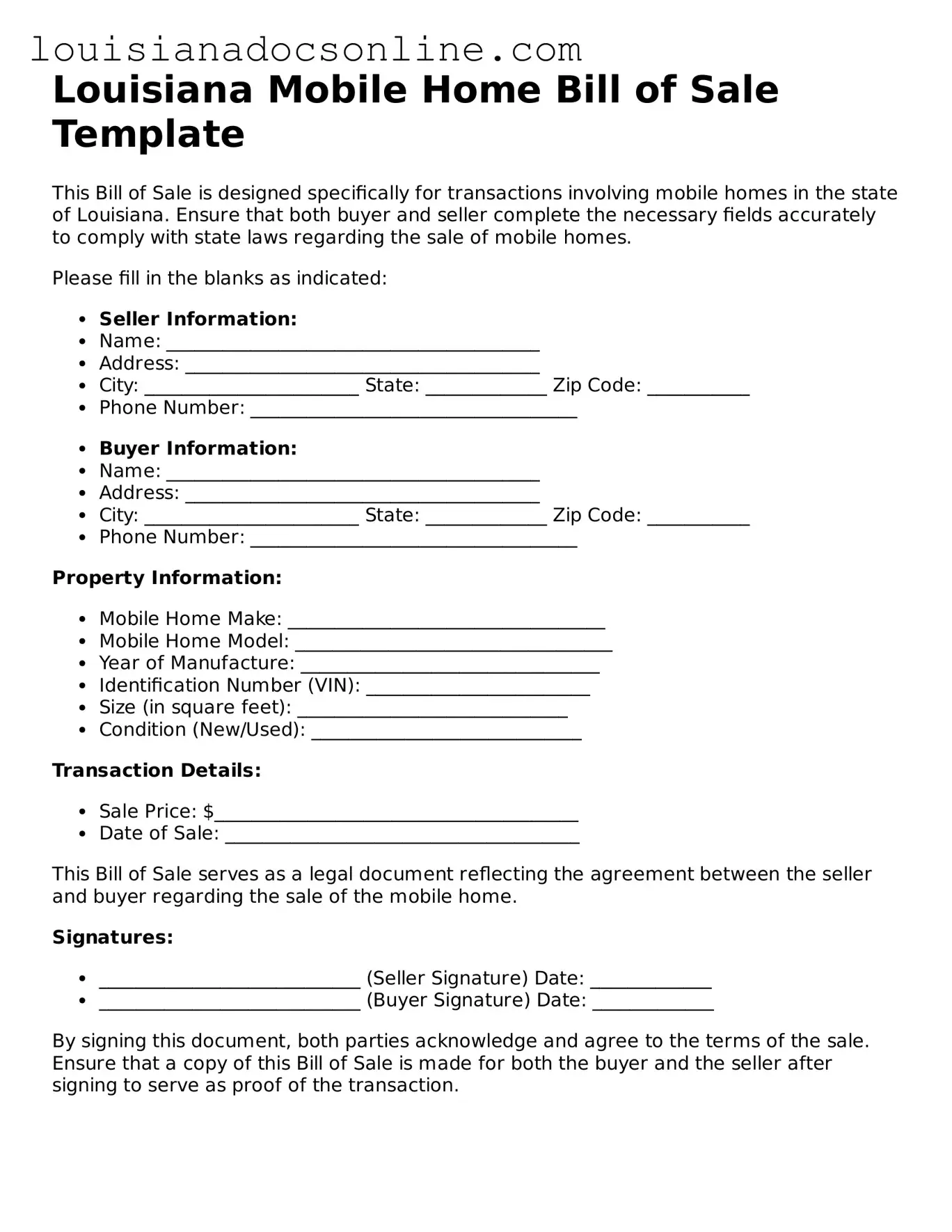 Printable  Mobile Home Bill of Sale Form for Louisiana