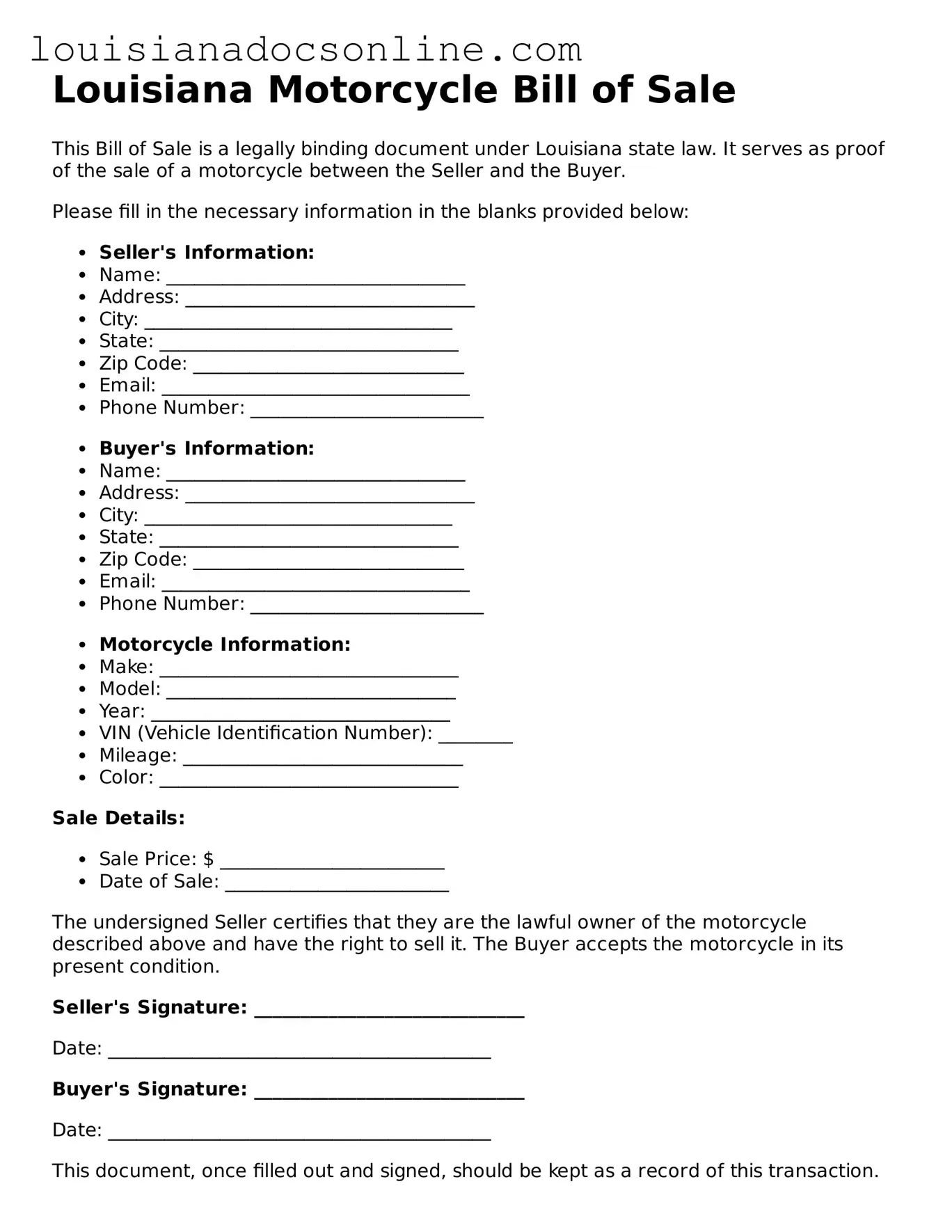 Printable  Motorcycle Bill of Sale Form for Louisiana