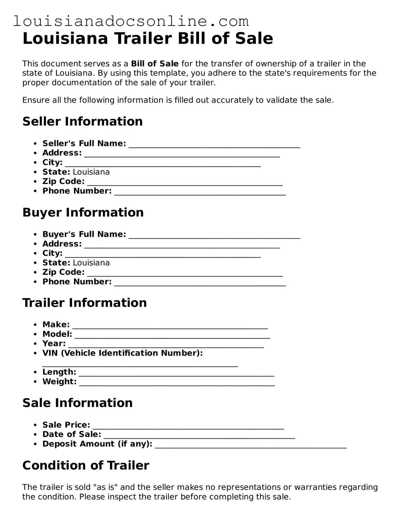 Printable  Trailer Bill of Sale Form for Louisiana