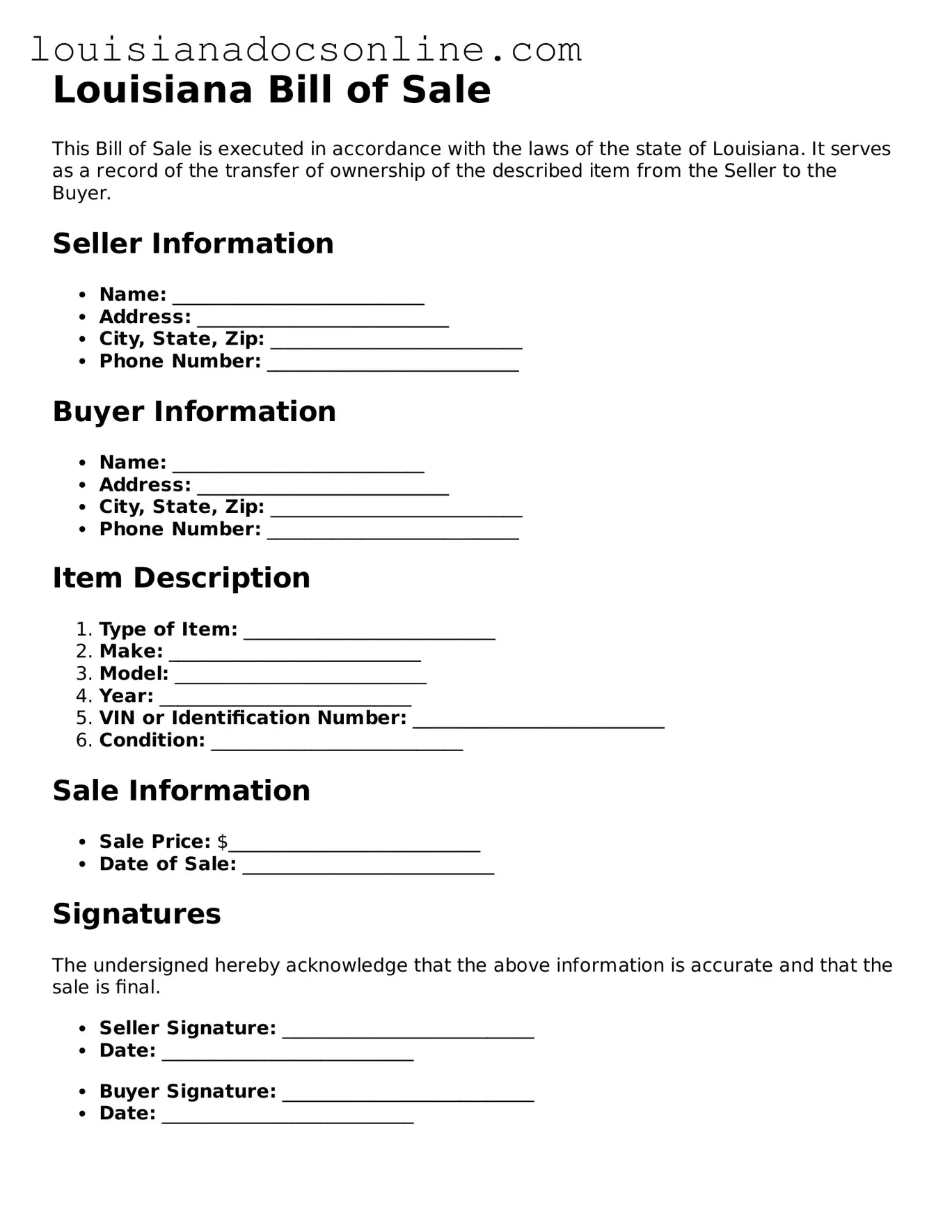 Printable Bill of Sale Form for Louisiana