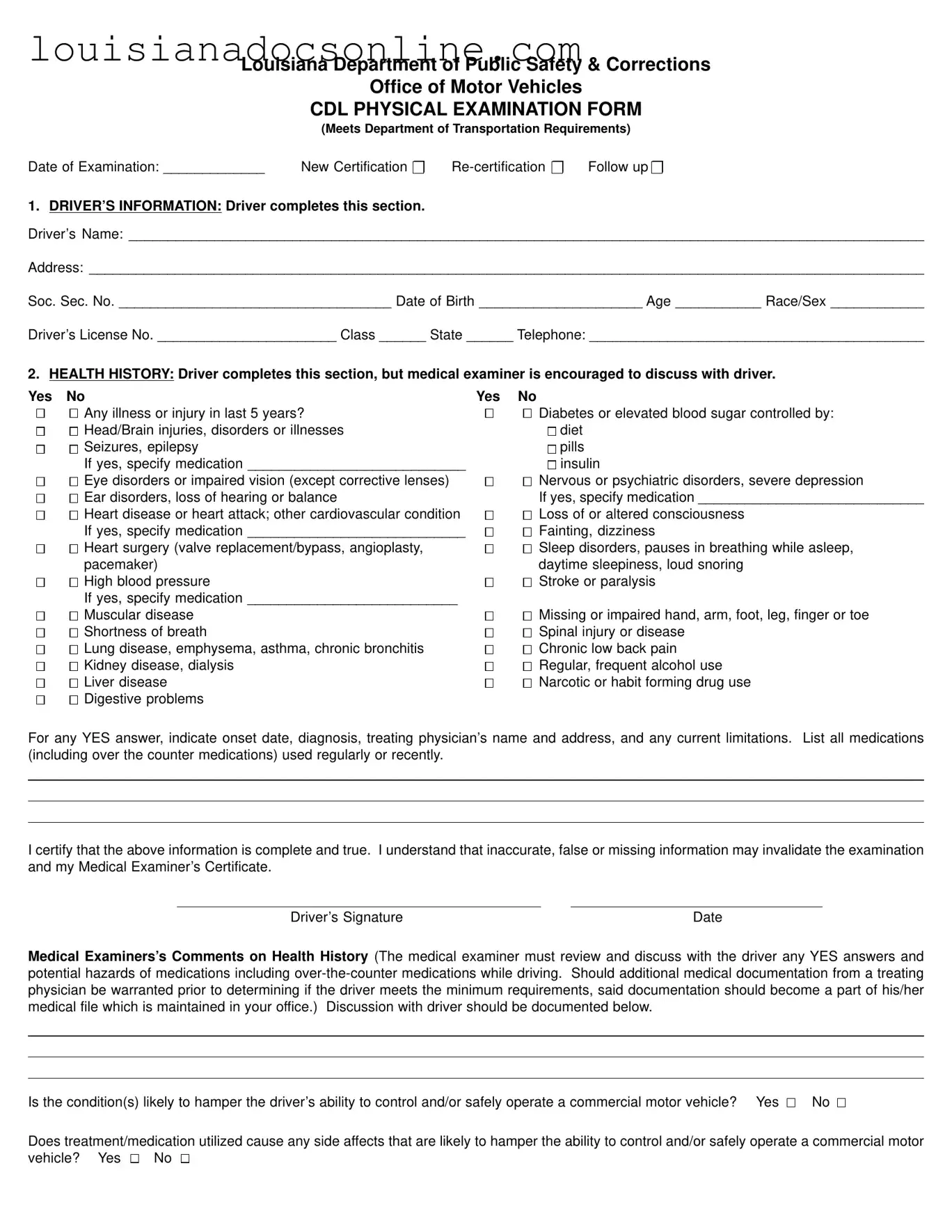Louisiana Cdl Physical Form