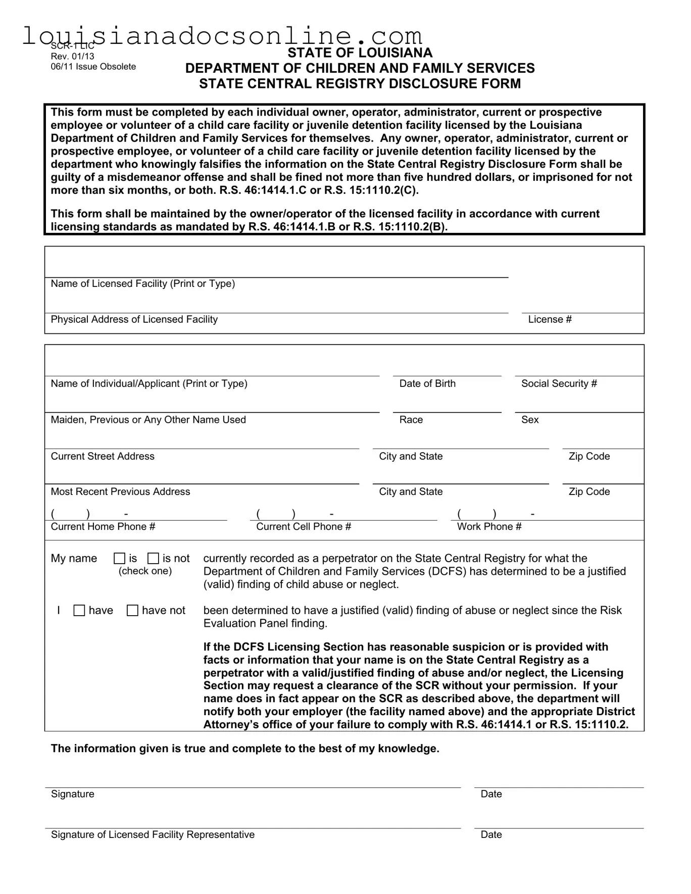 Louisiana Central Registry Form