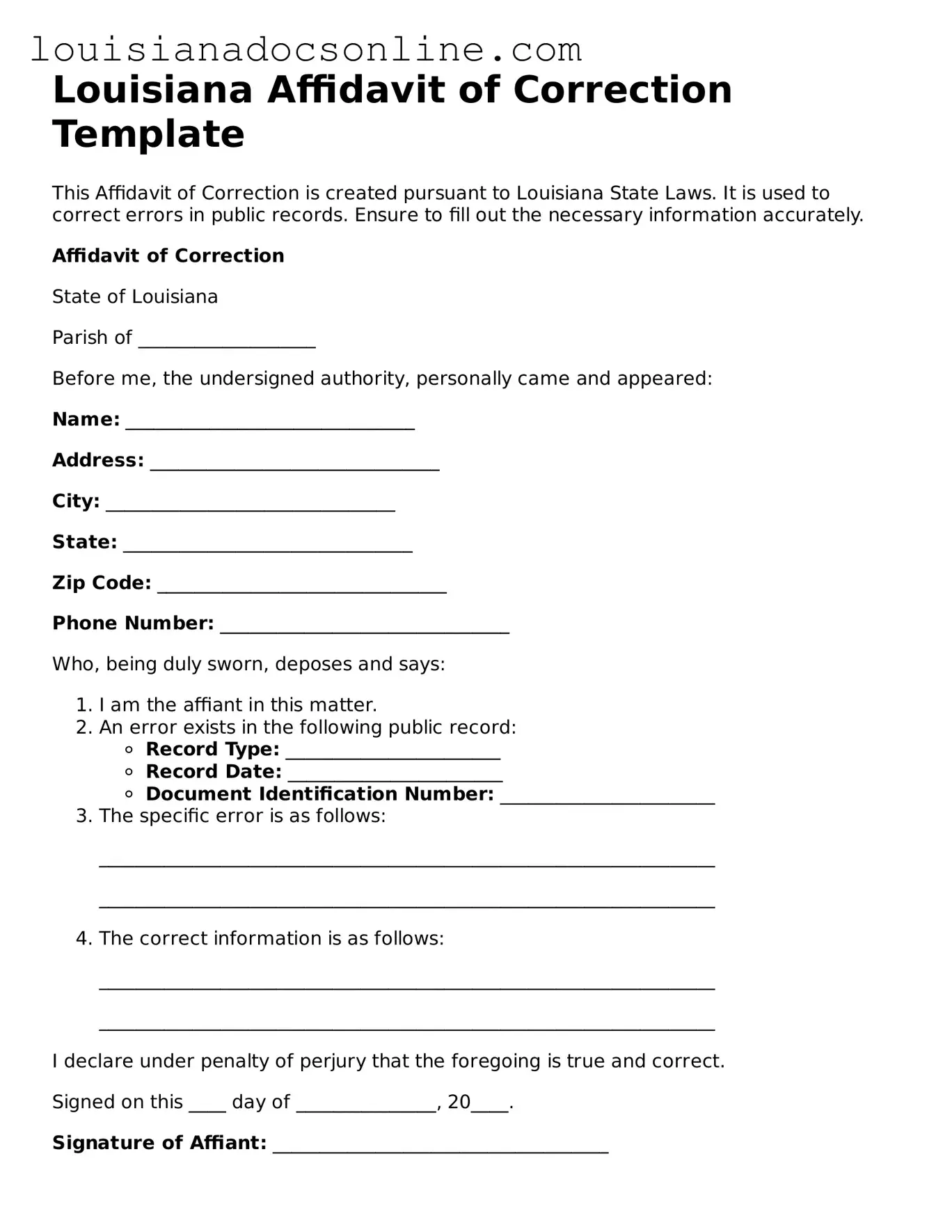 Printable  Affidavit of Correction Form for Louisiana