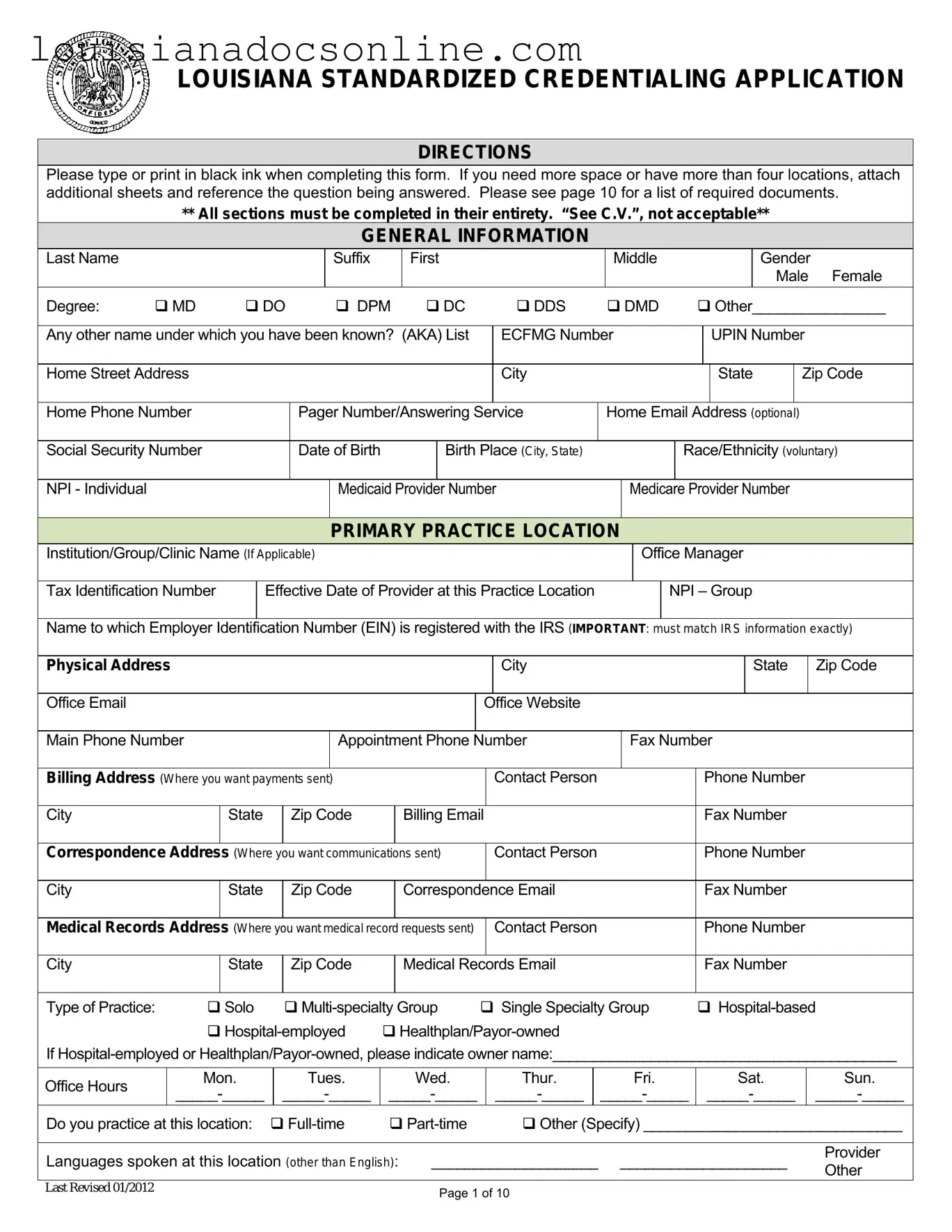 Louisiana Credentialing Application Form