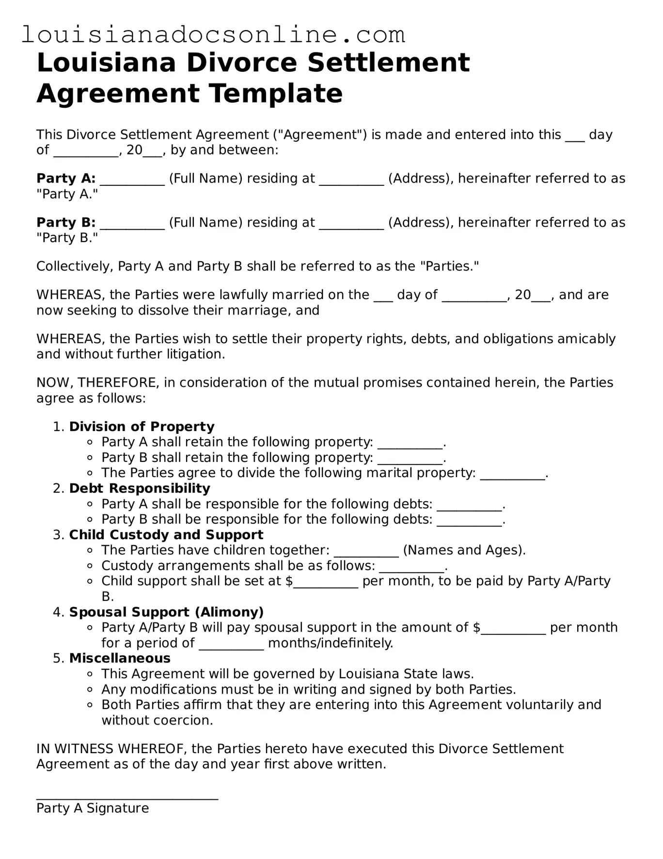 Printable  Divorce Settlement Agreement Form for Louisiana