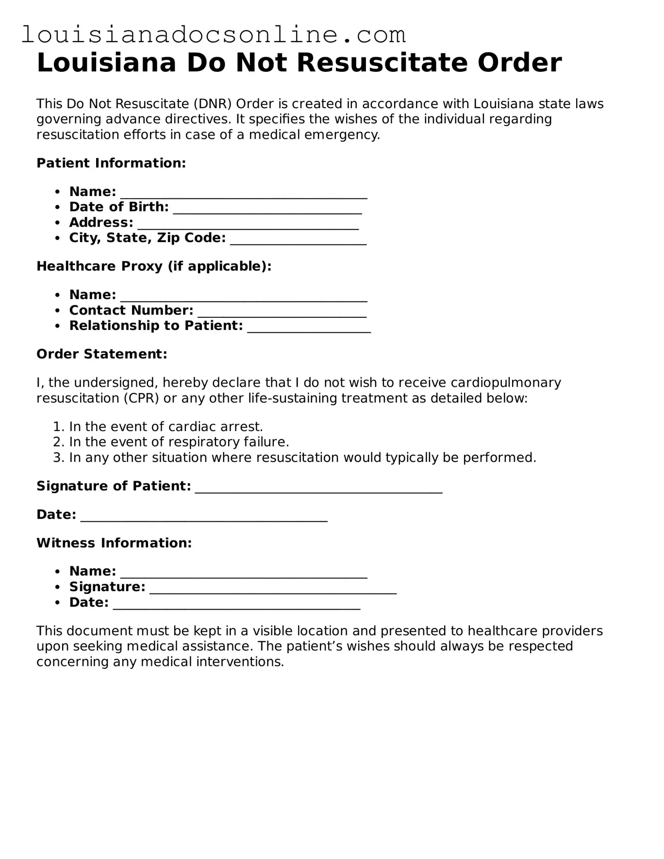 Printable  Do Not Resuscitate Order Form for Louisiana