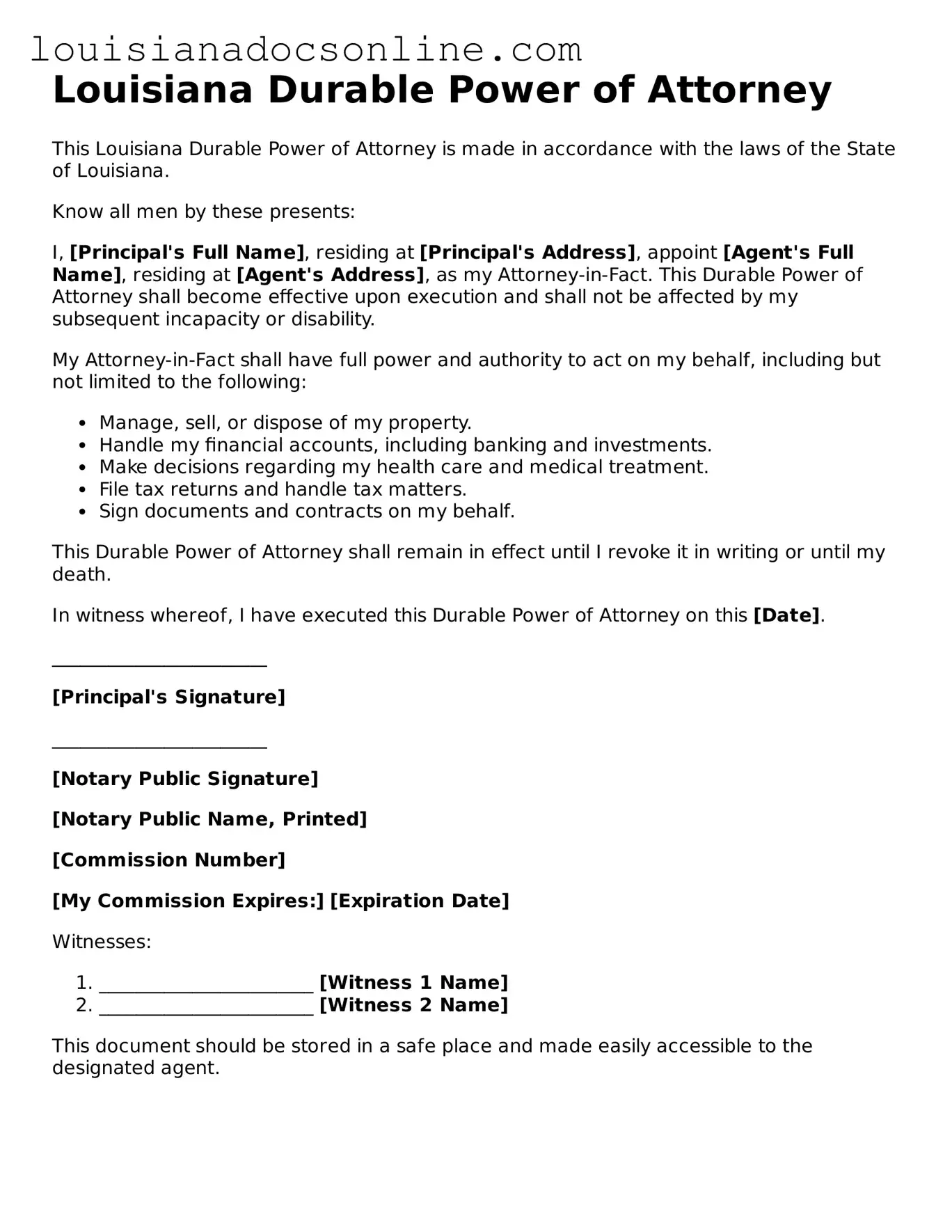 Printable  Durable Power of Attorney Form for Louisiana