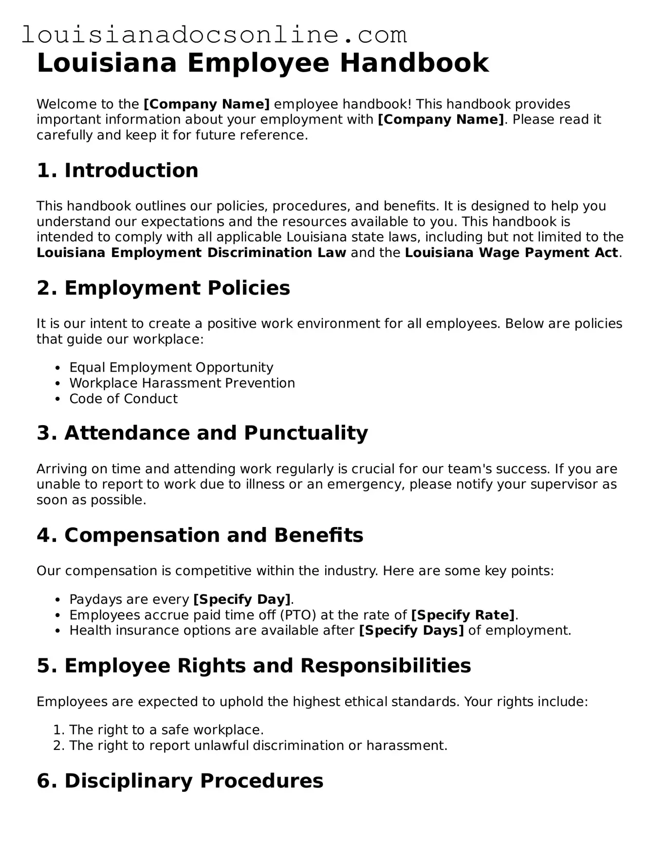 Printable  Employee Handbook Form for Louisiana