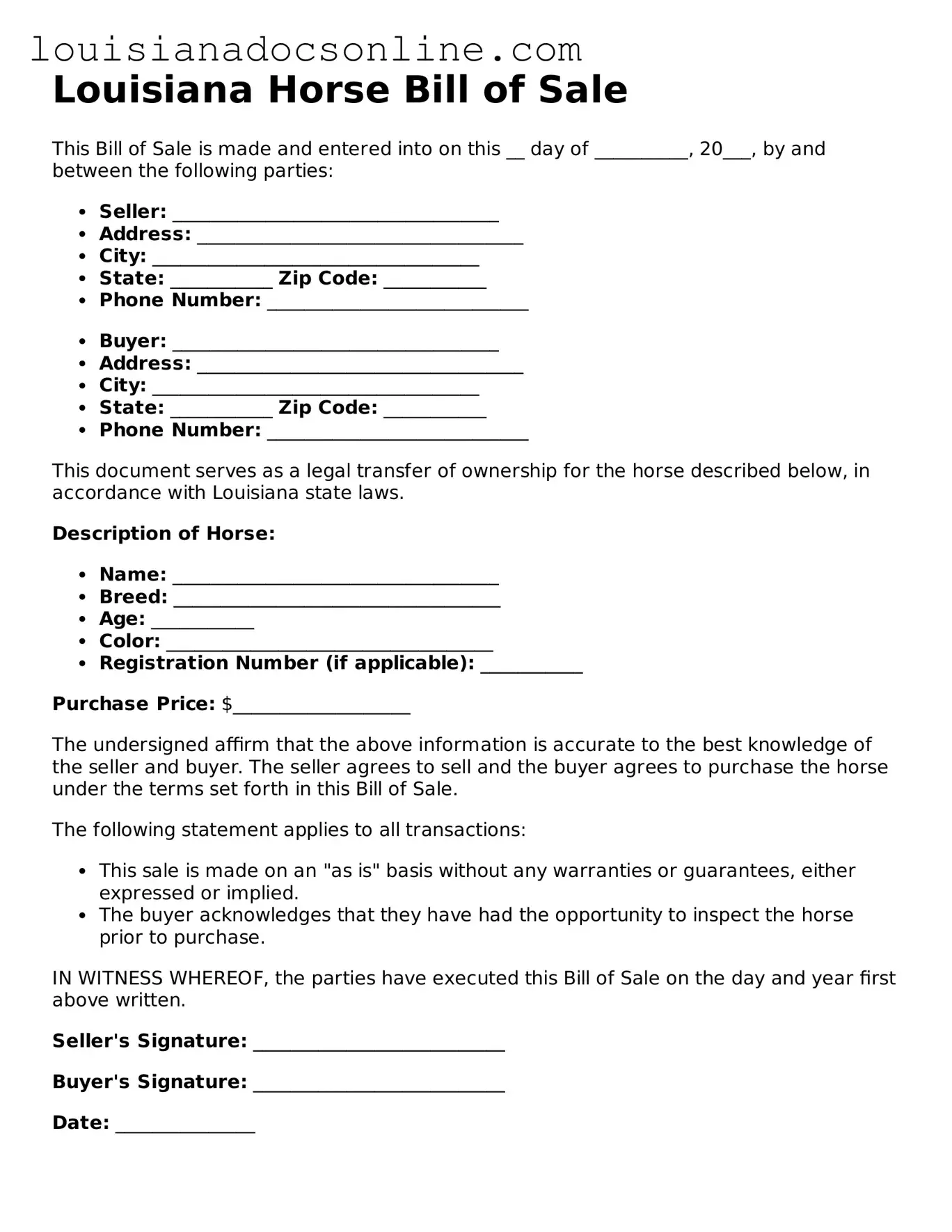 Printable  Horse Bill of Sale Form for Louisiana