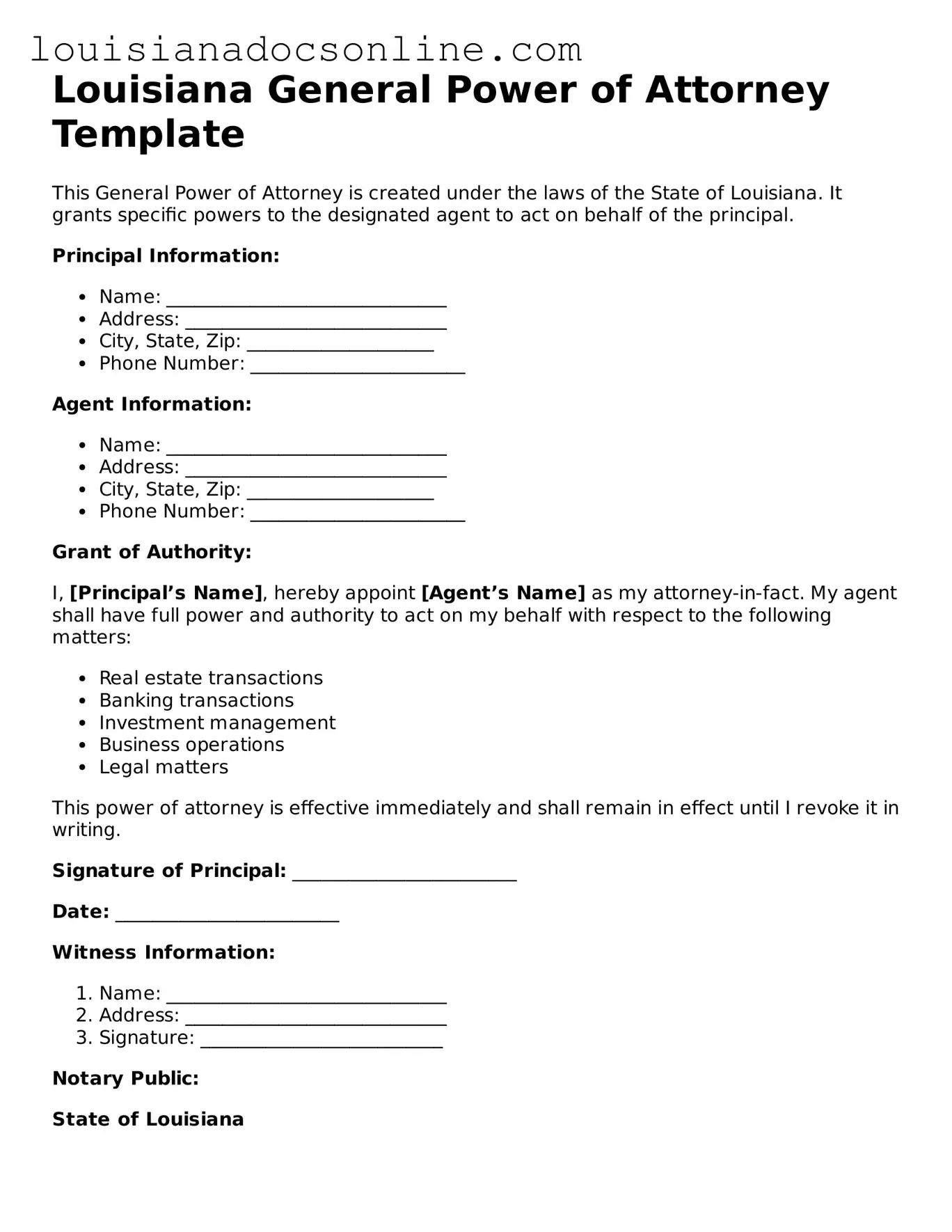 Printable  General Power of Attorney Form for Louisiana