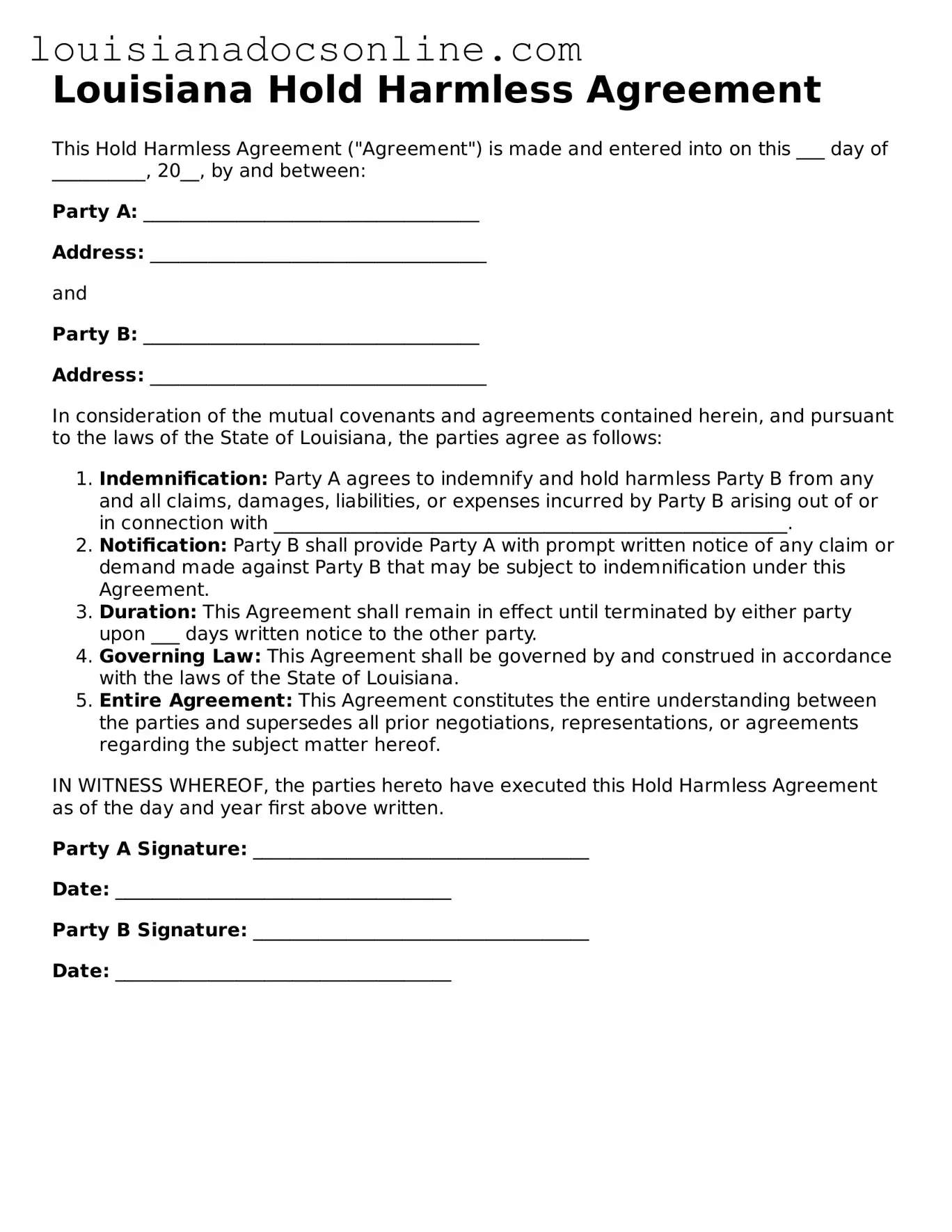 Printable  Hold Harmless Agreement Form for Louisiana