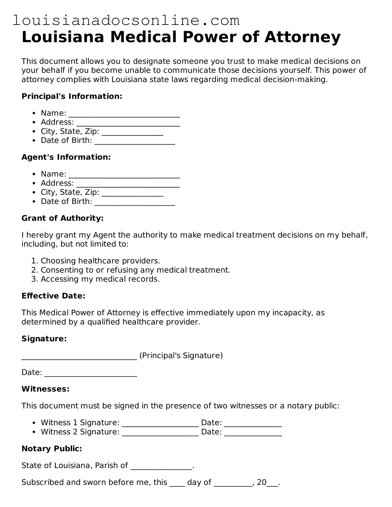 Printable  Medical Power of Attorney Form for Louisiana