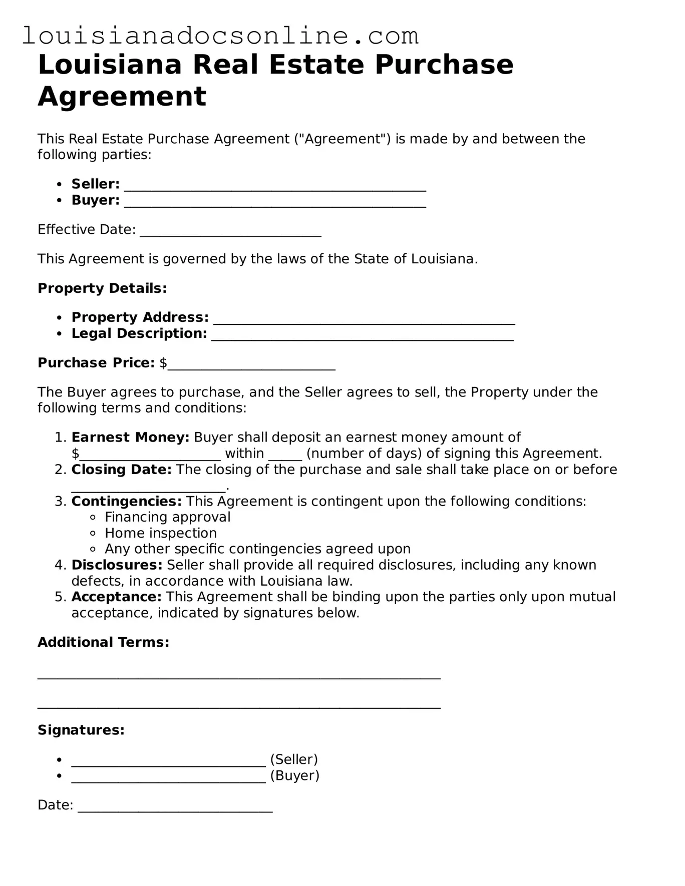 Printable  Real Estate Purchase Agreement Form for Louisiana