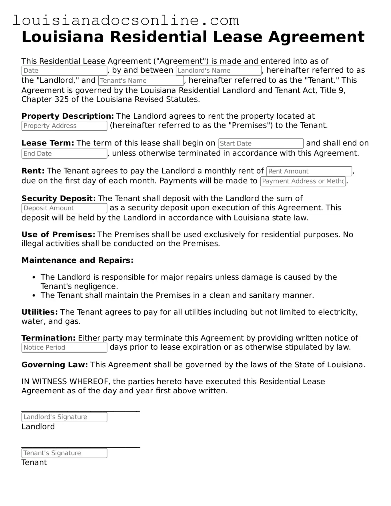 Printable  Residential Lease Agreement Form for Louisiana