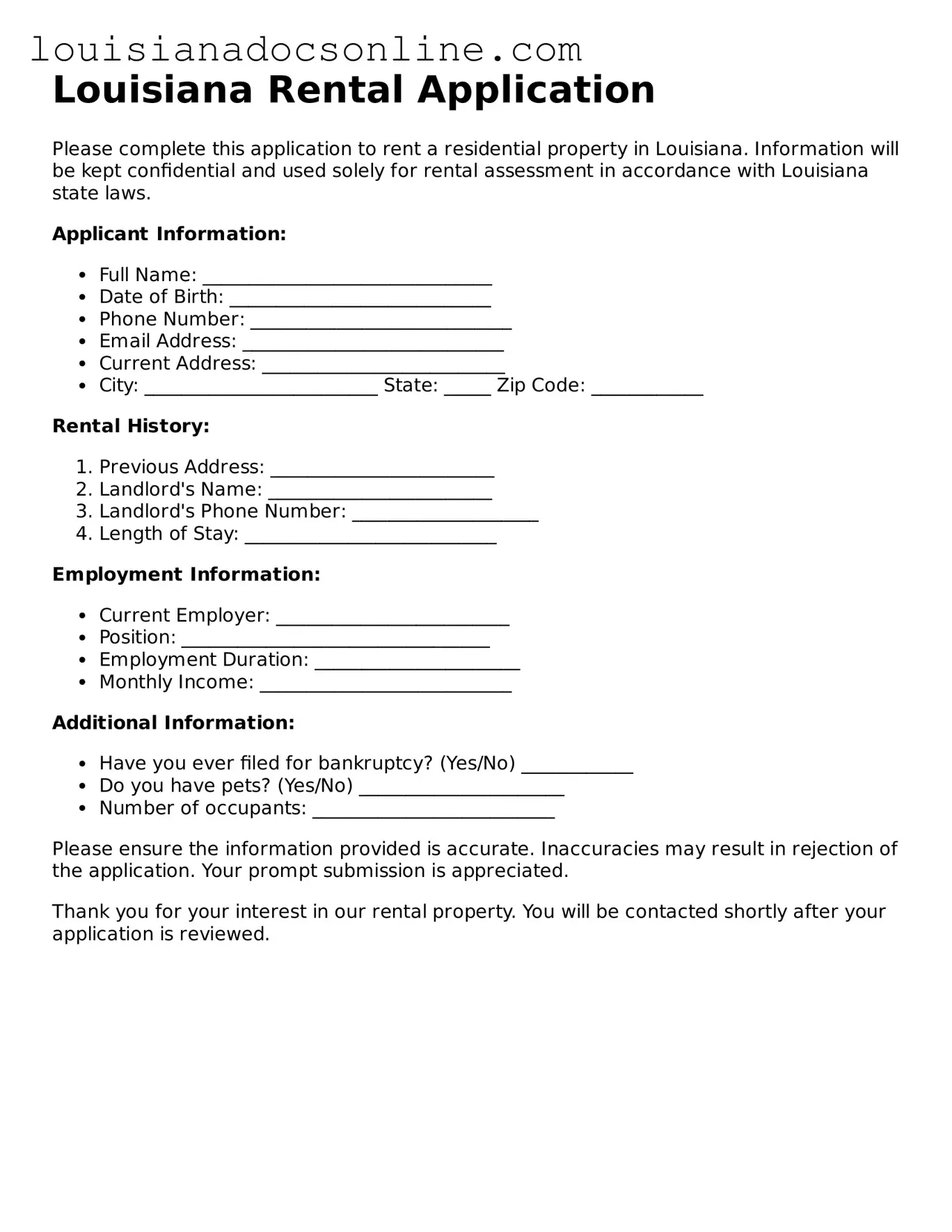Printable Rental Application Form for Louisiana
