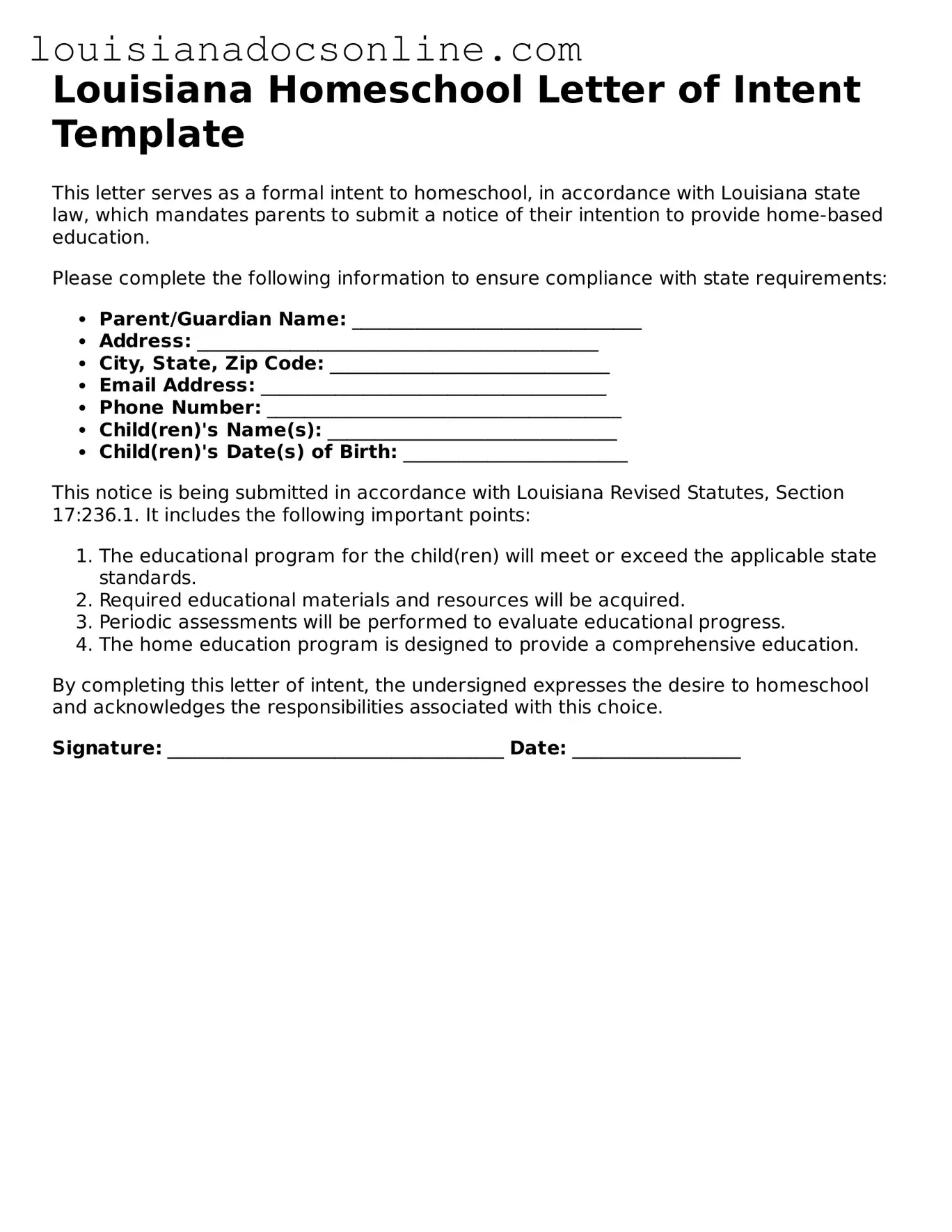 Printable  Homeschool Letter of Intent Form for Louisiana