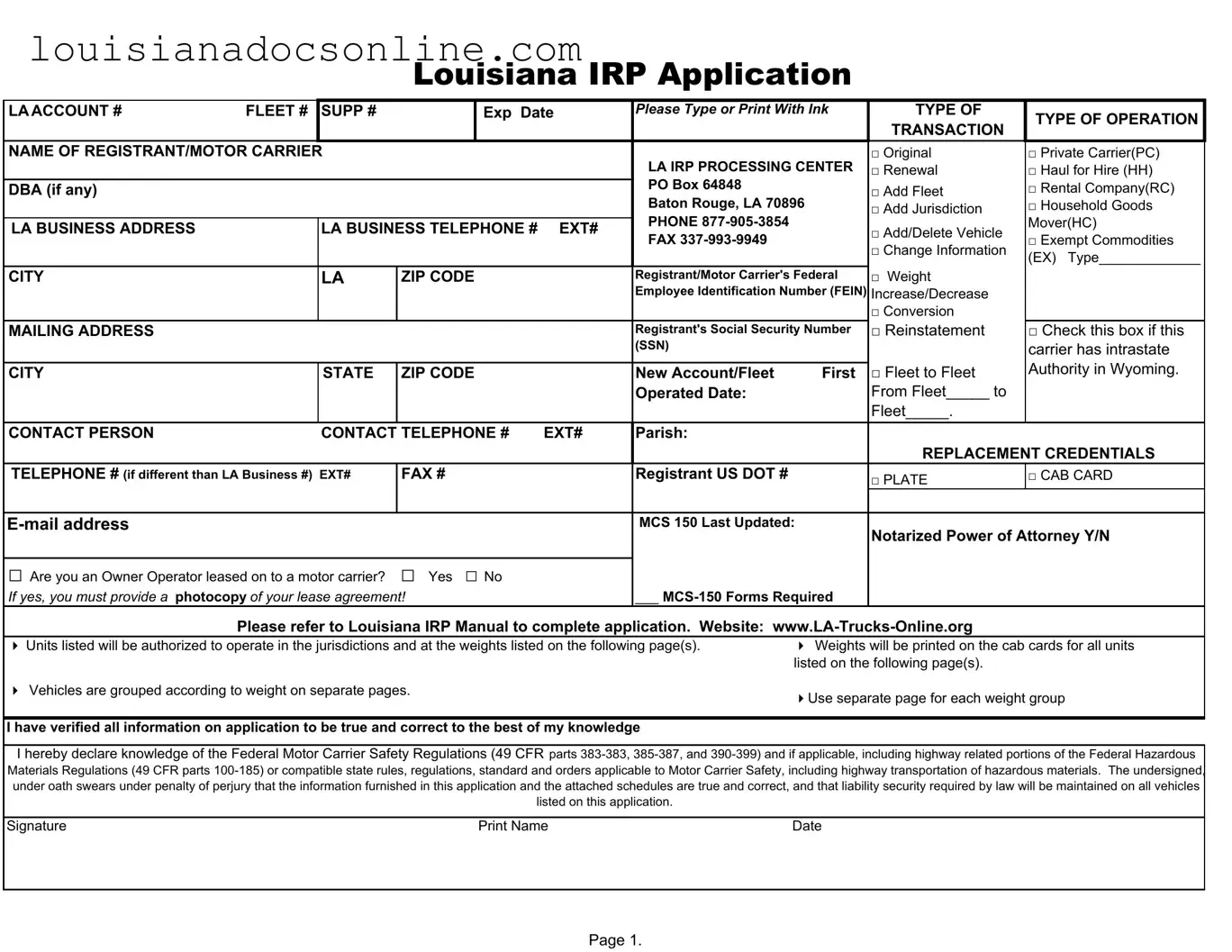 Louisiana Irp Application Form