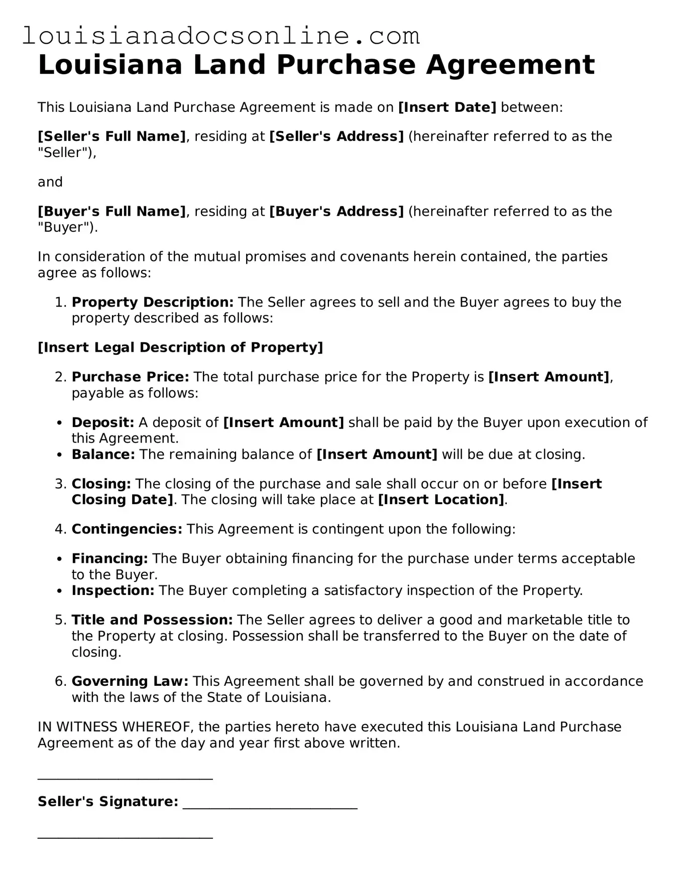 Printable  Land Purchase Agreement Form for Louisiana
