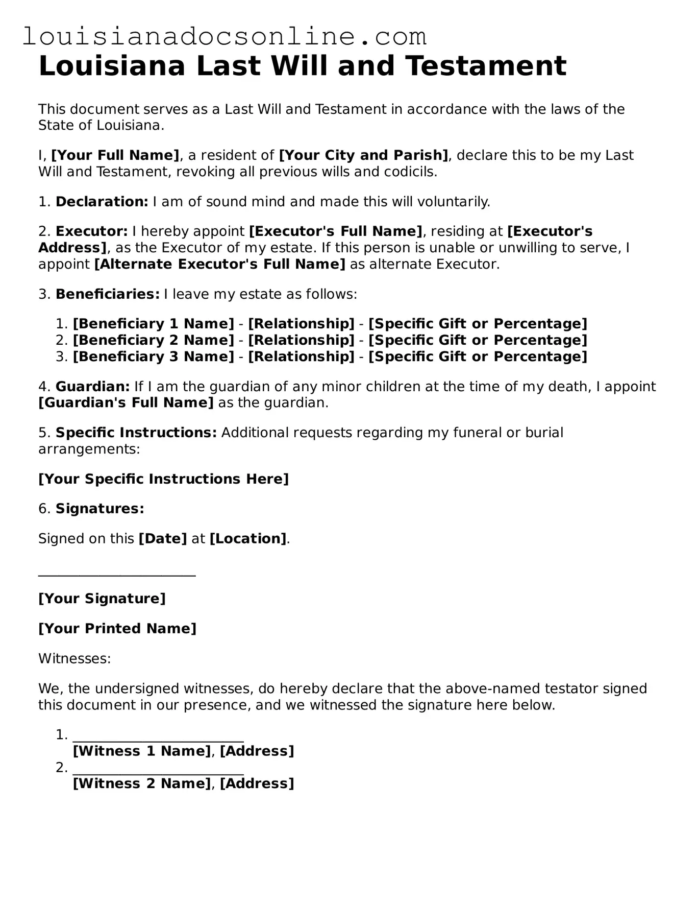 Printable  Last Will and Testament Form for Louisiana