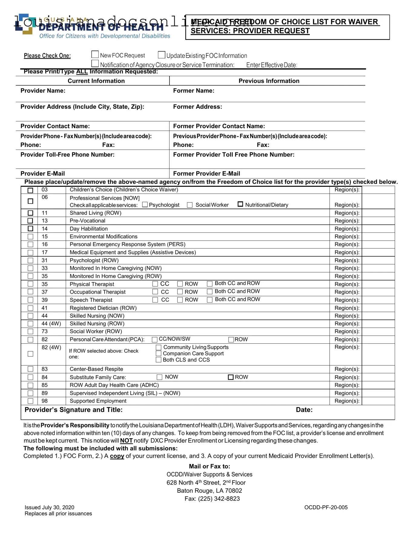 Louisiana Medicaid Freedom of Choice List Form