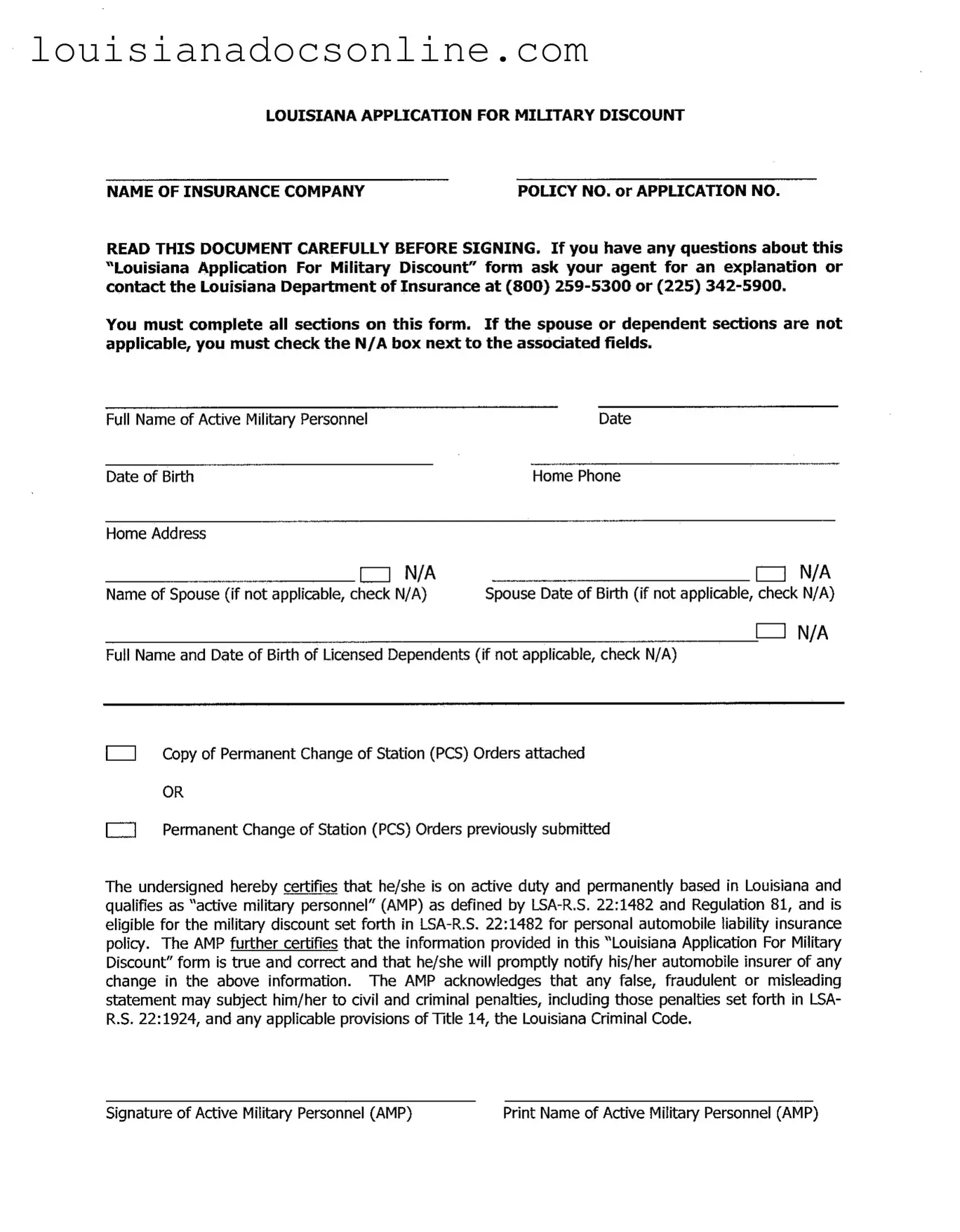 Louisiana Military Discount Form