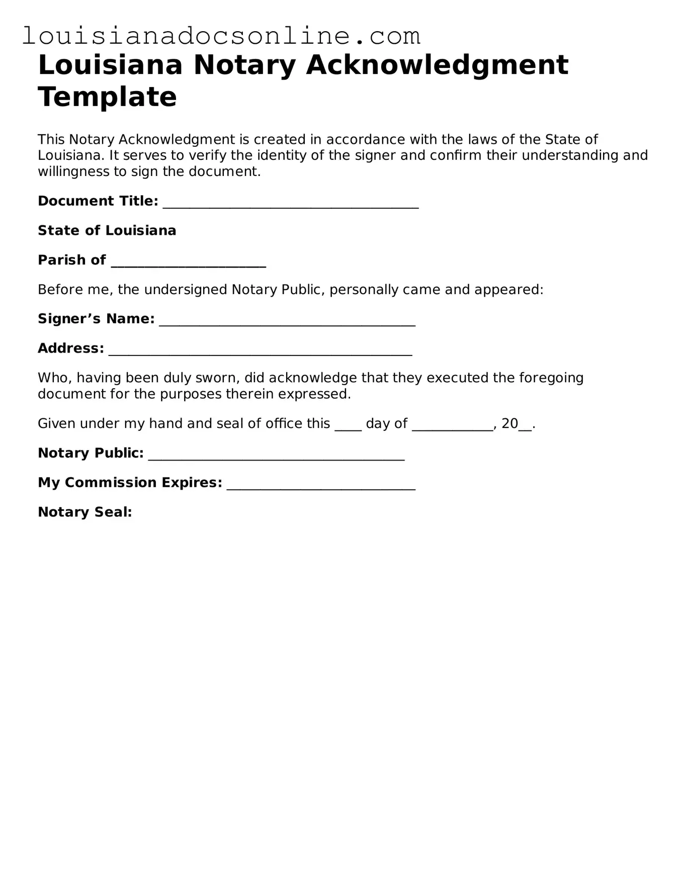 Printable Notary Acknowledgement Form for Louisiana