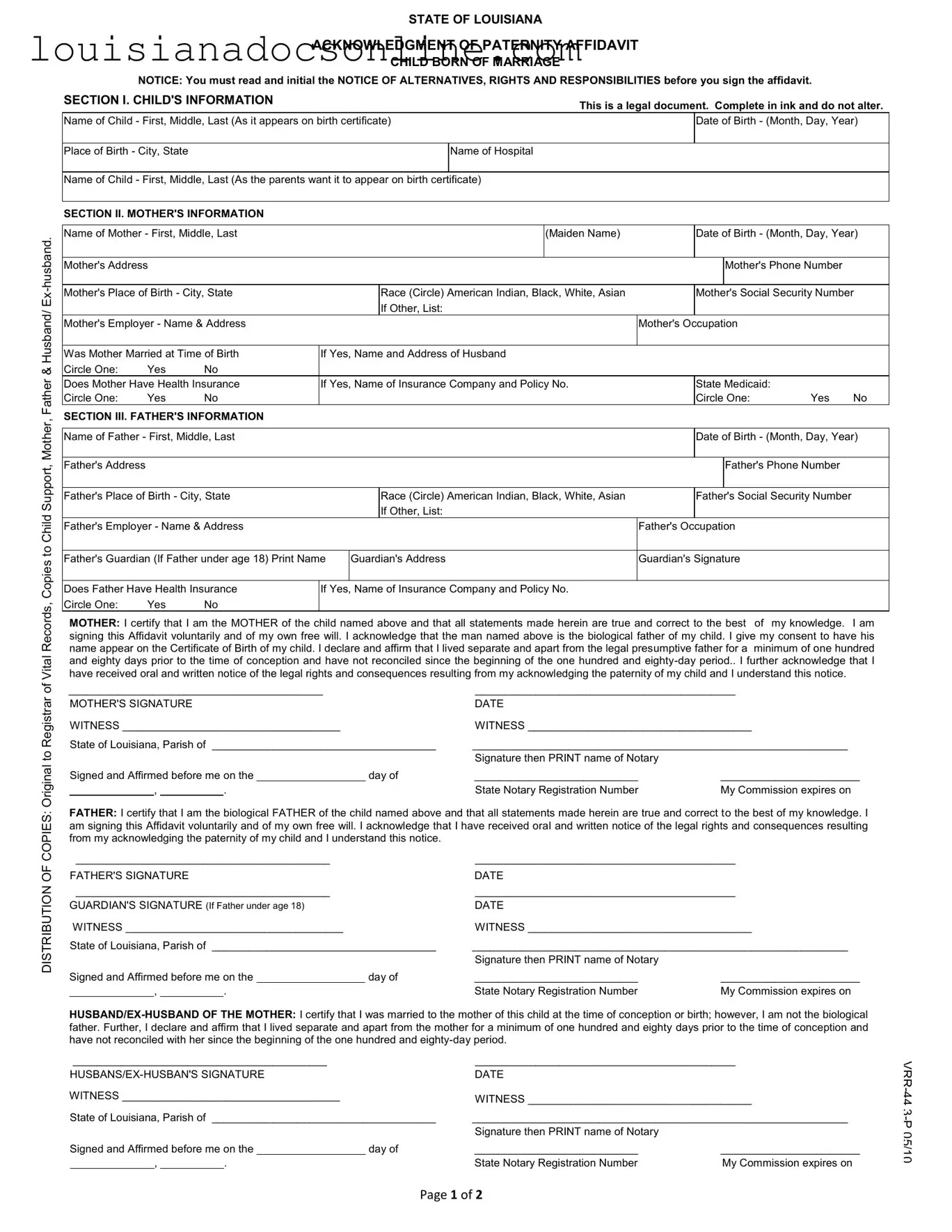 Louisiana Paternity Form