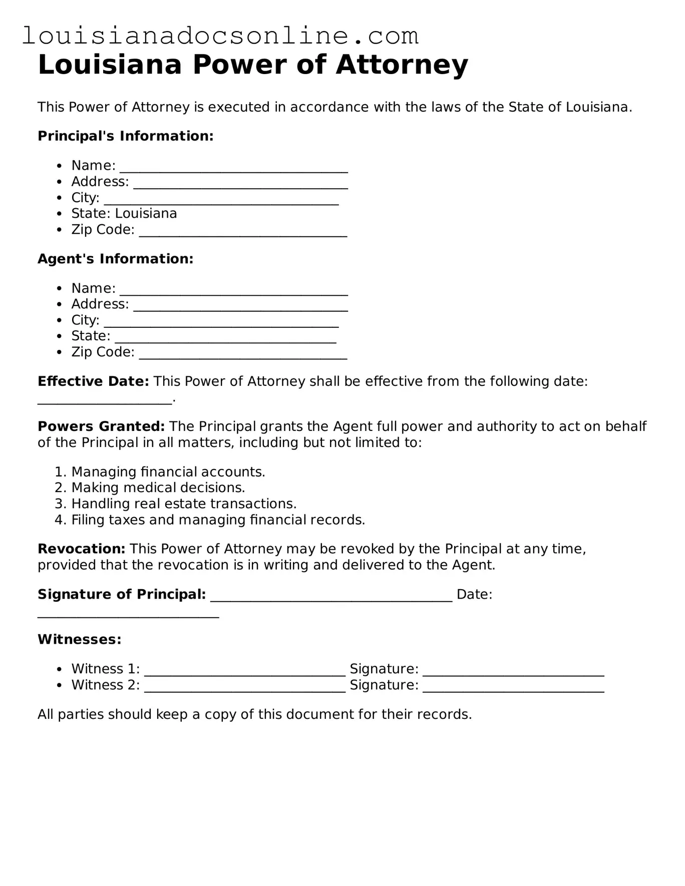 Printable  Power of Attorney Form for Louisiana