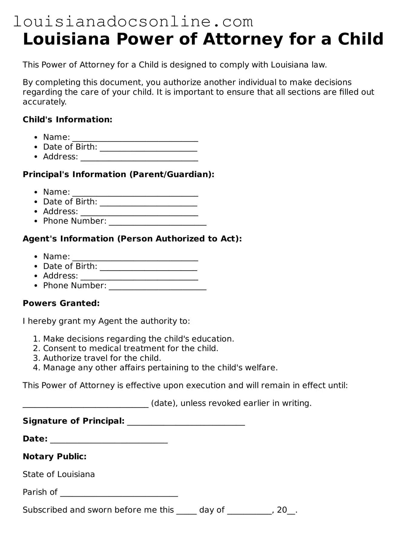 Printable  Power of Attorney for a Child Form for Louisiana