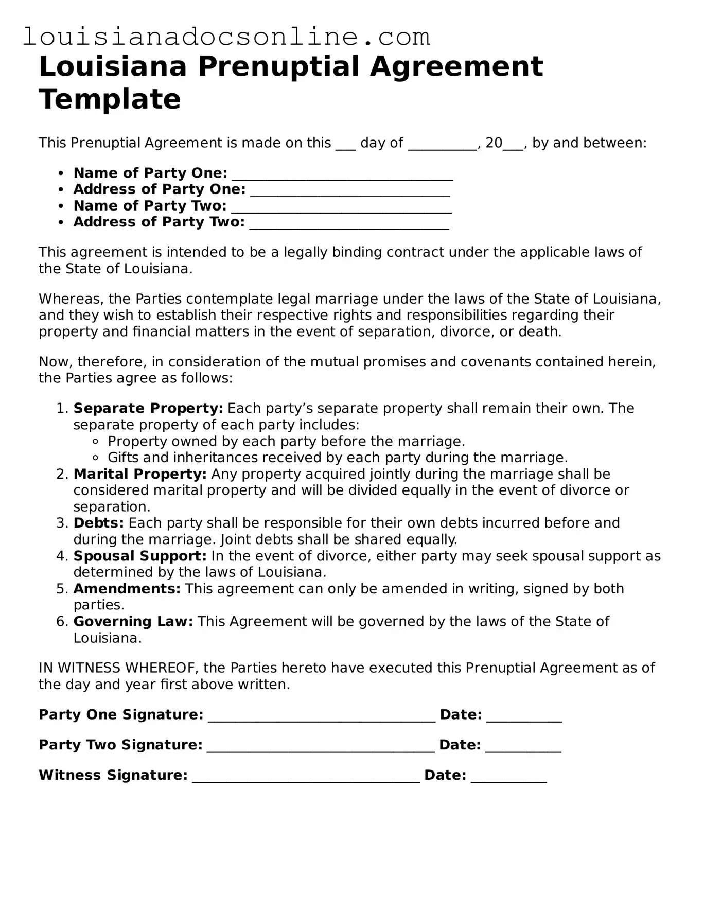 Printable  Prenuptial Agreement Form for Louisiana