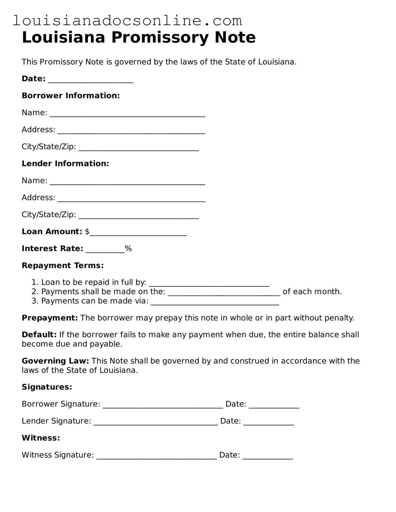Printable  Promissory Note Form for Louisiana