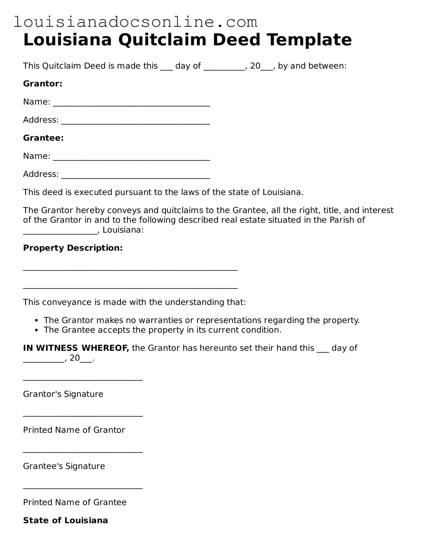 Printable  Quitclaim Deed Form for Louisiana