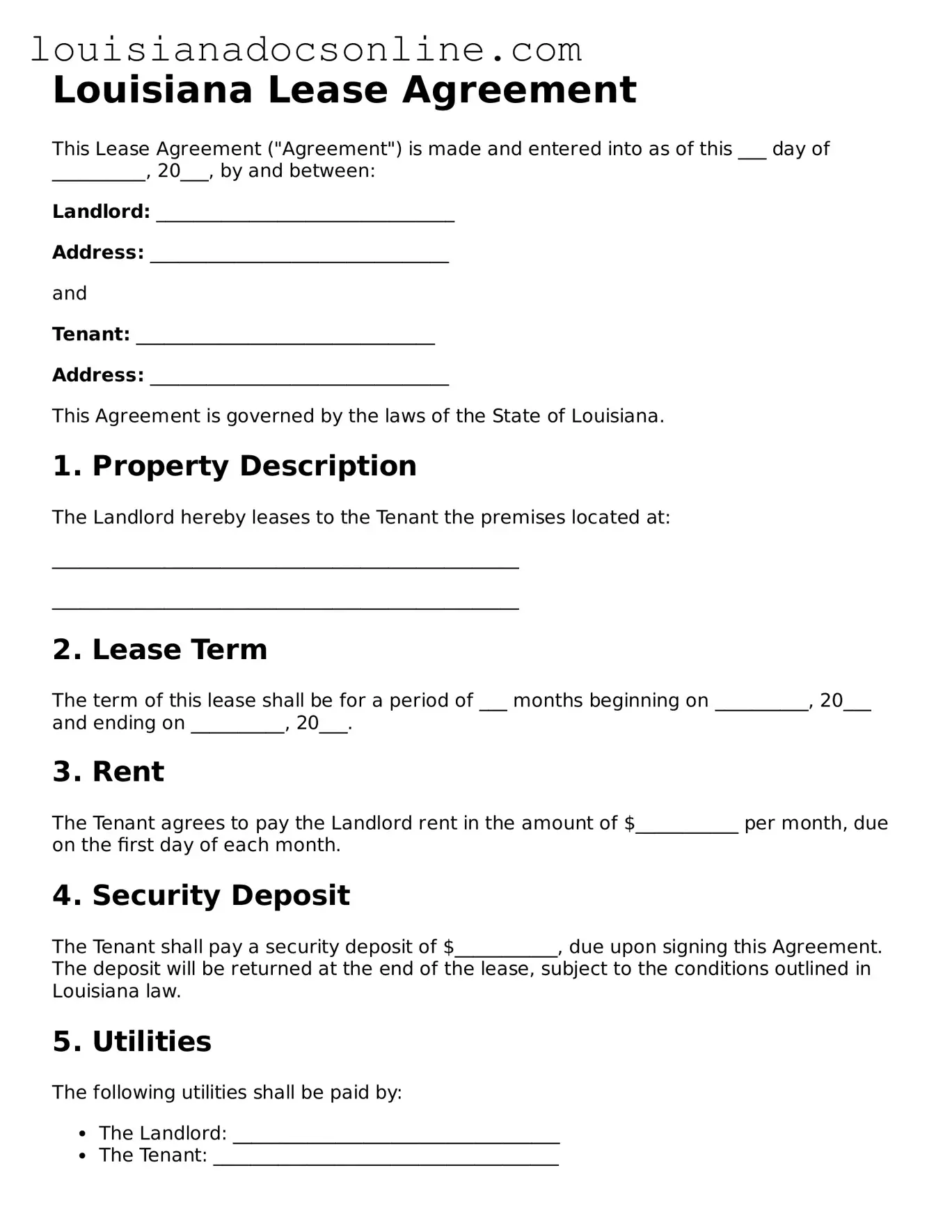 Printable  Lease Agreement Form for Louisiana