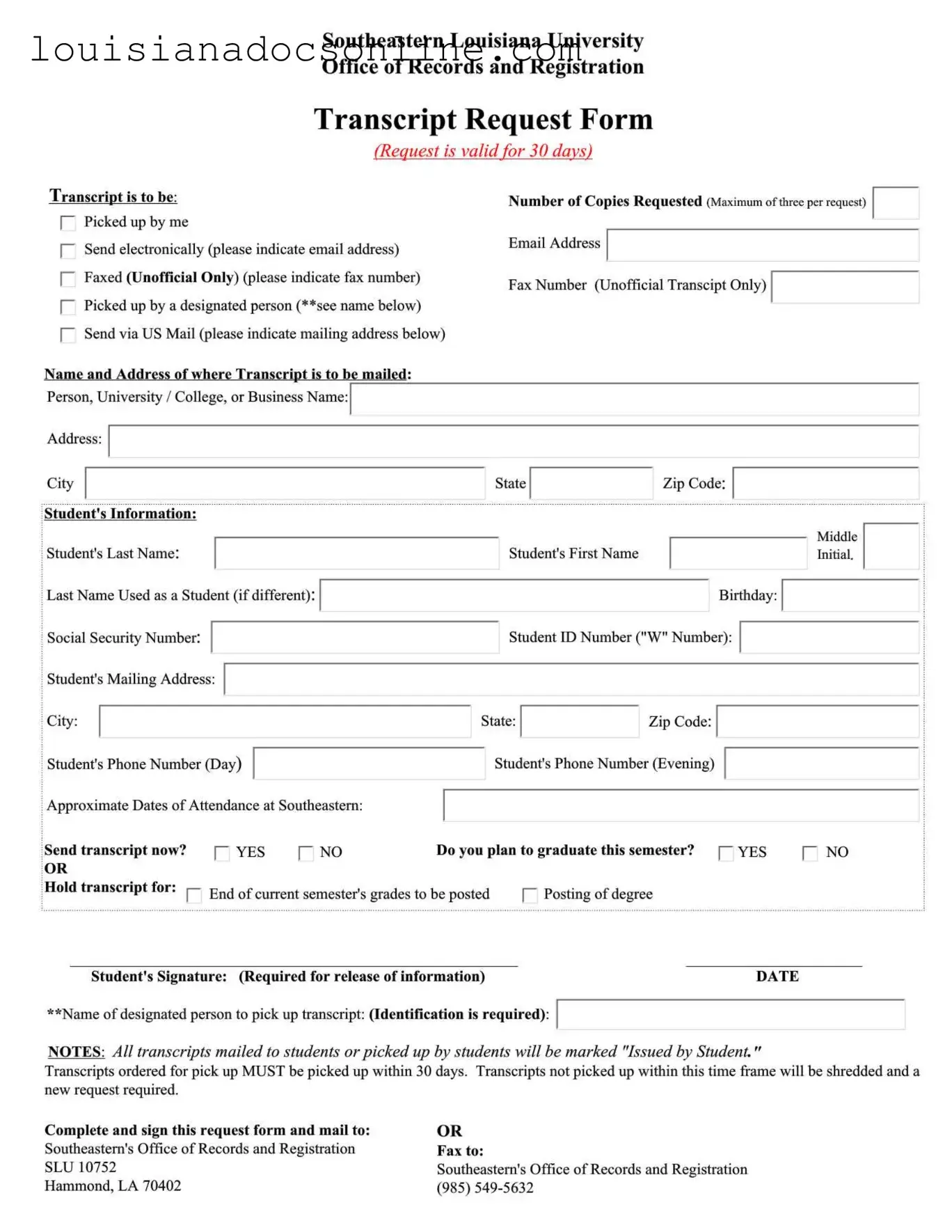Louisiana Request Form