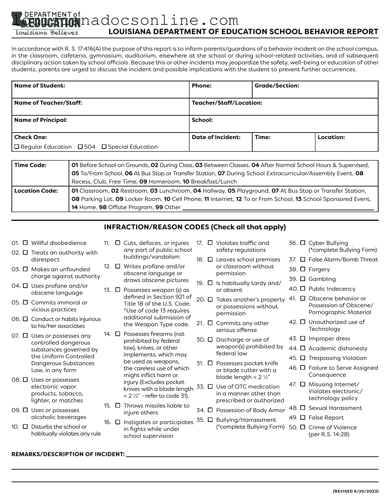 Louisiana School Behavior Report Form