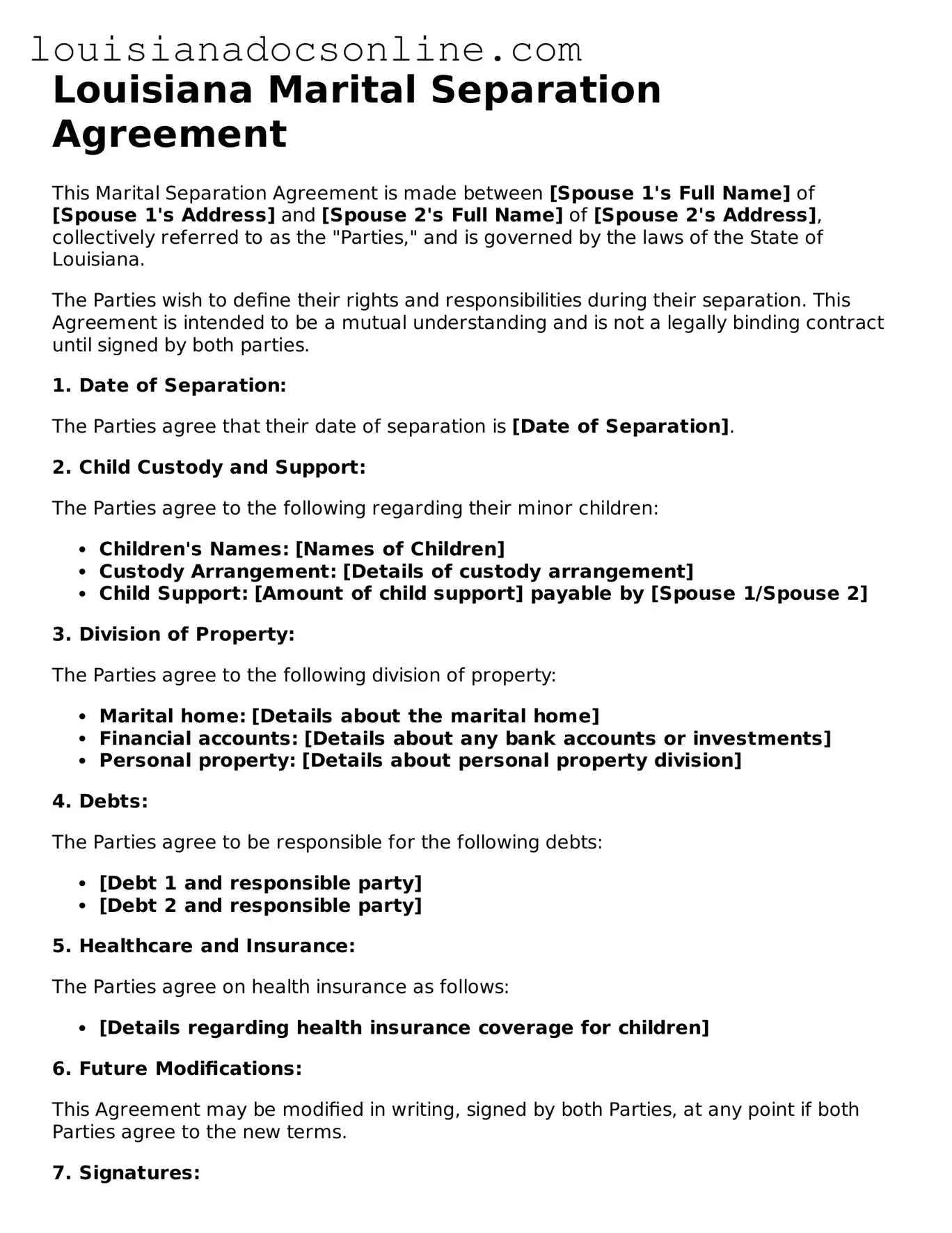 Printable  Marital Separation Agreement Form for Louisiana
