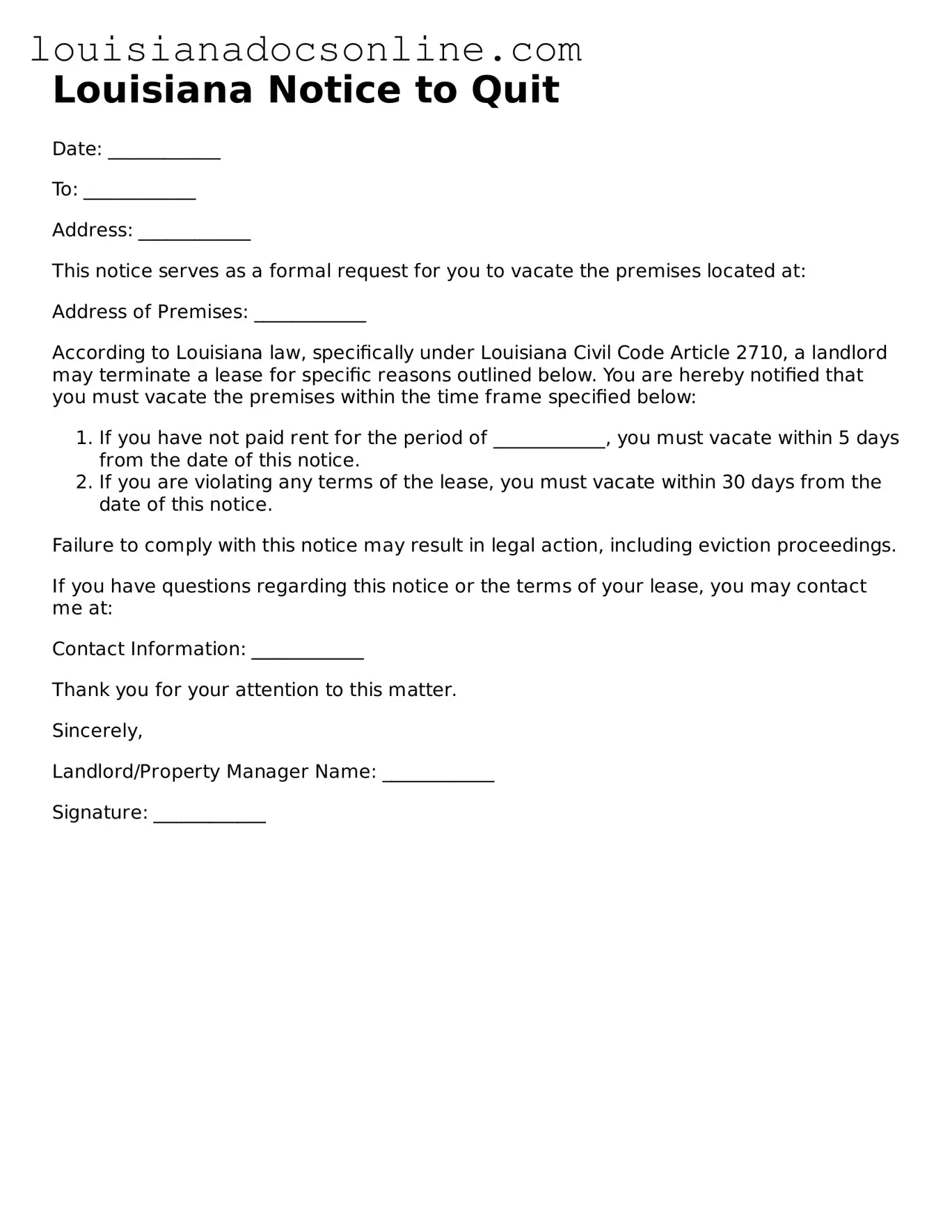 Printable Notice to Quit Form for Louisiana