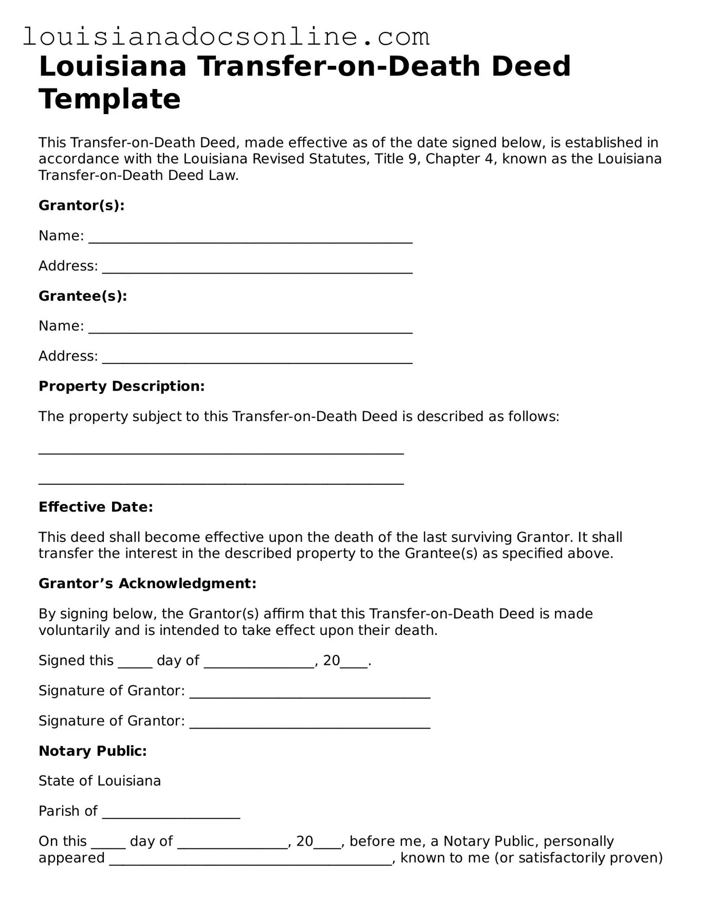 Printable  Transfer-on-Death Deed Form for Louisiana