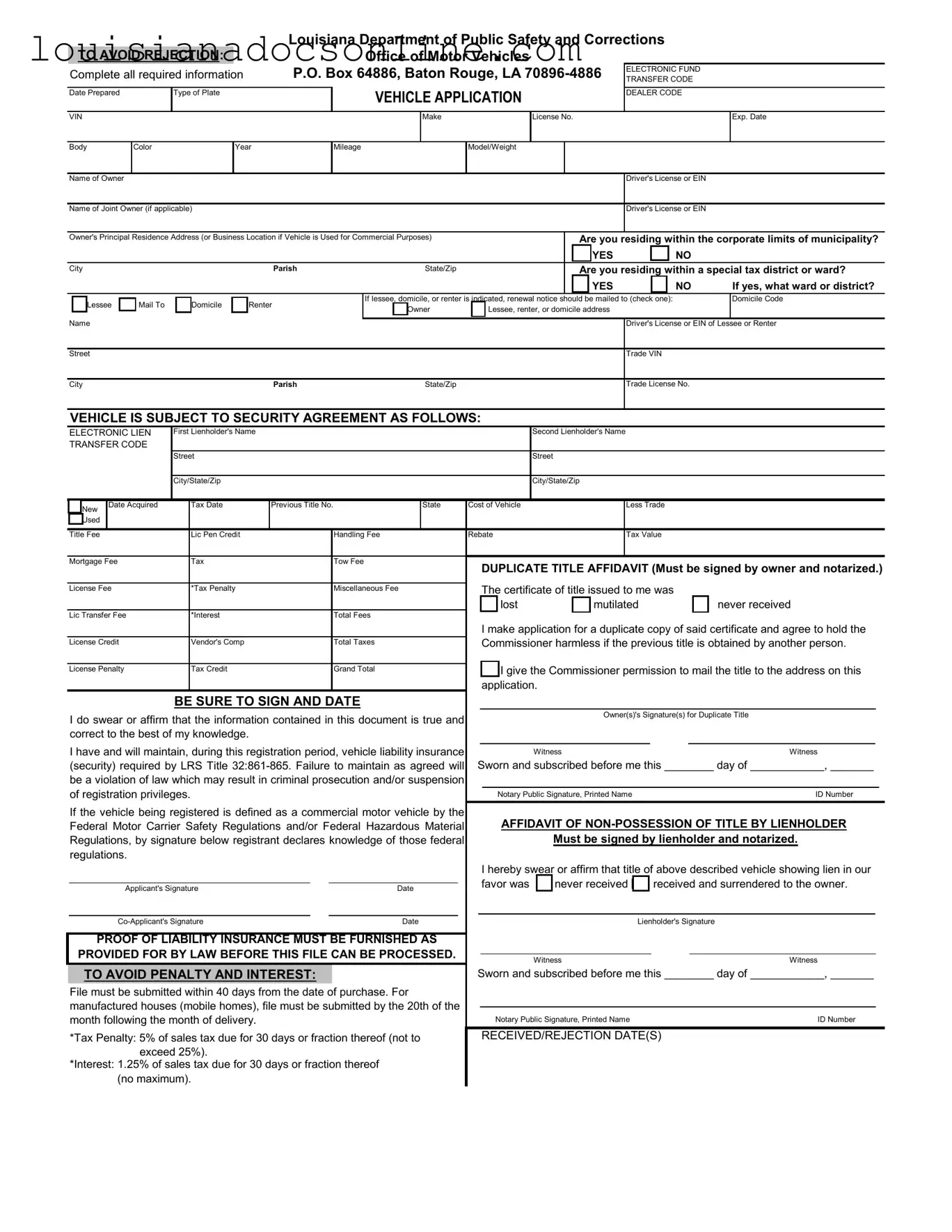 Louisiana Vehicle Application Form