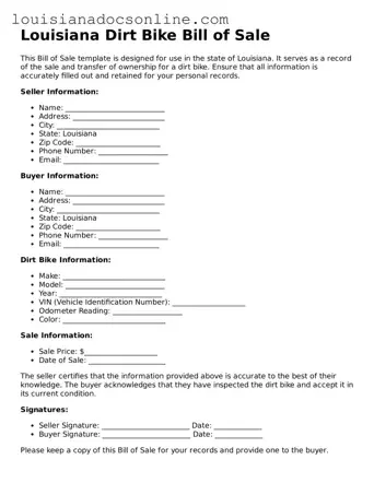 Printable  Dirt Bike Bill of Sale Form for Louisiana